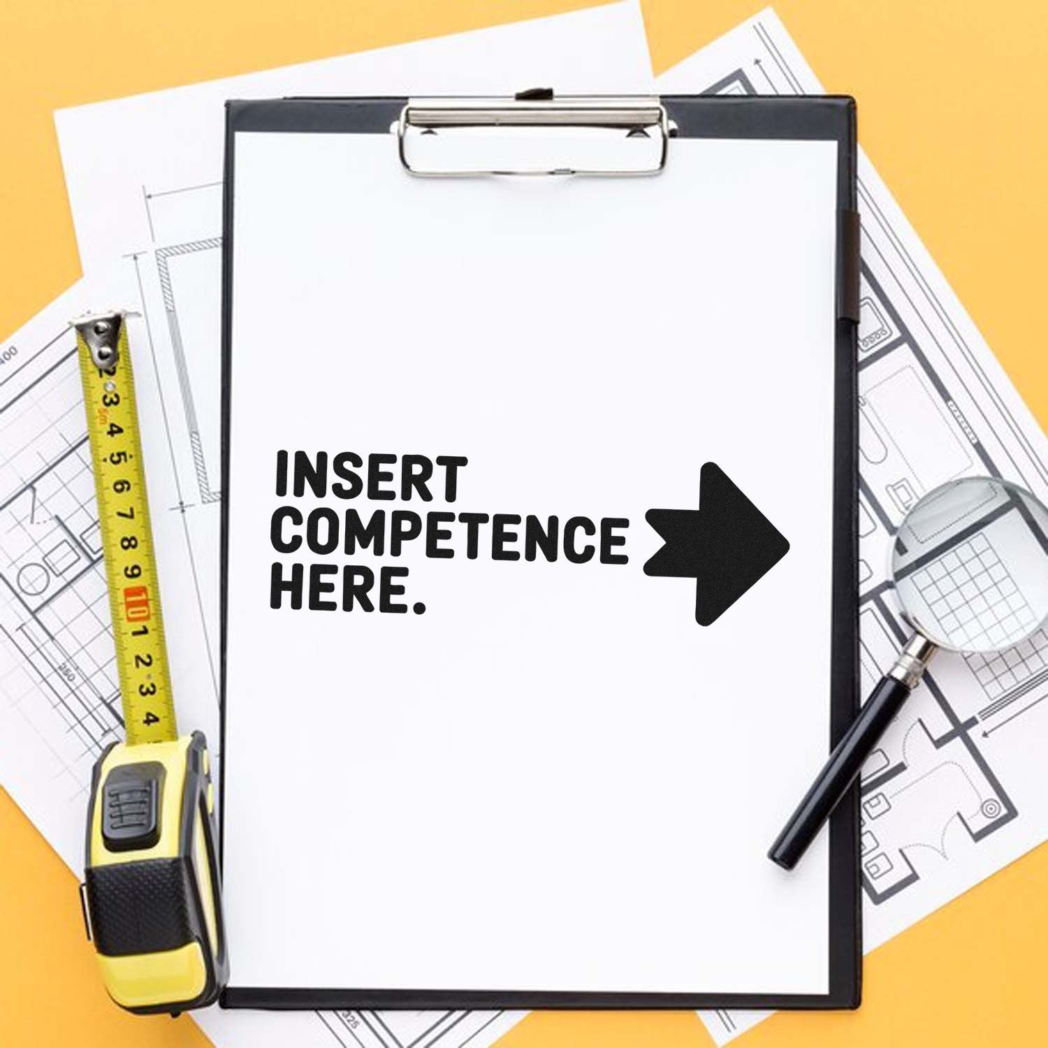 Custom rubber stamp mockup with "Insert competence here" design for office paperwork, branding, and business use.