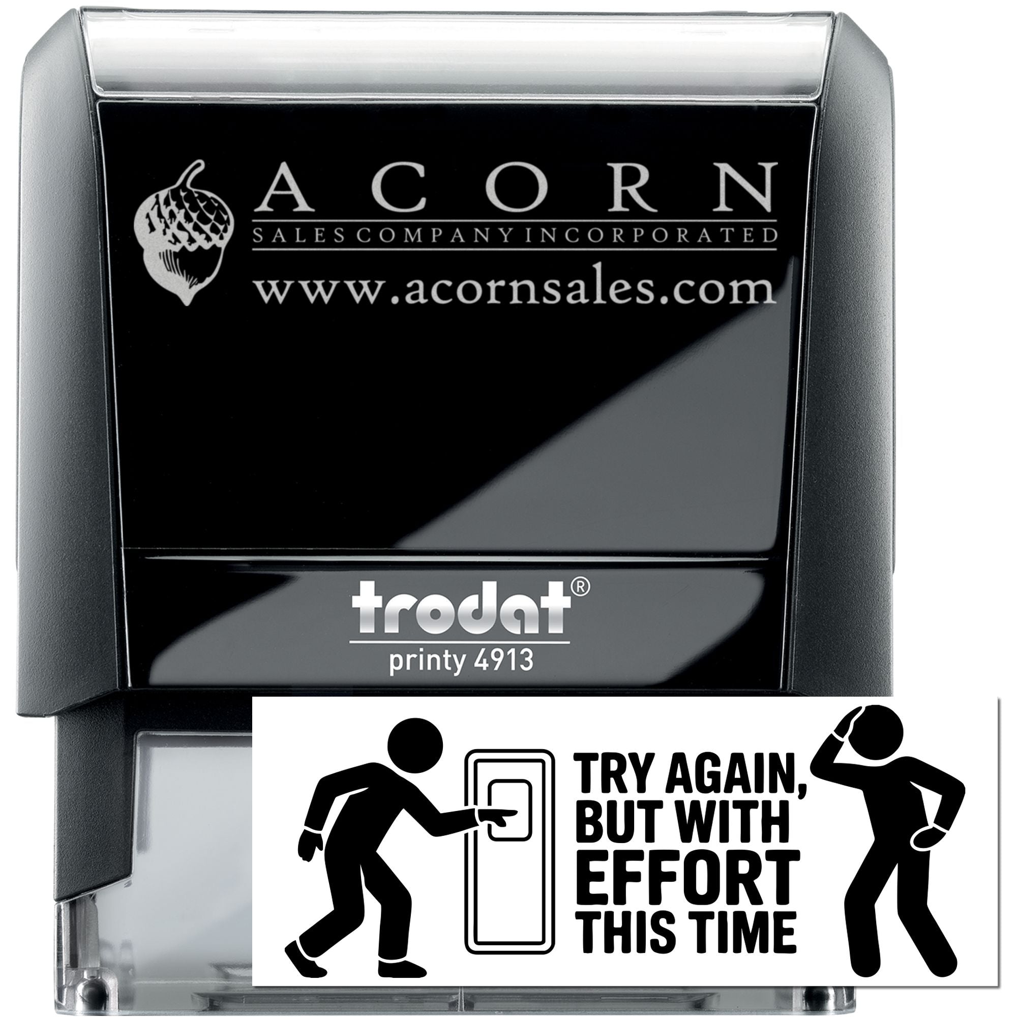 Custom self-inking rubber stamp, Trodat Printy 4913, featuring Acorn Sales Company logo and website for business branding.