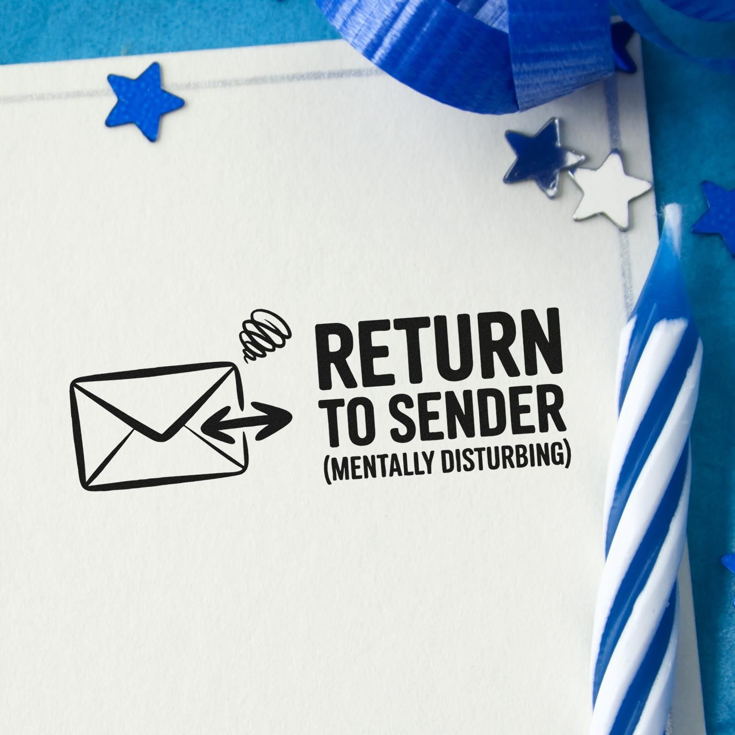 Return to Sender rubber stamp with envelope icon and bold text for mail, on white paper with blue accents.