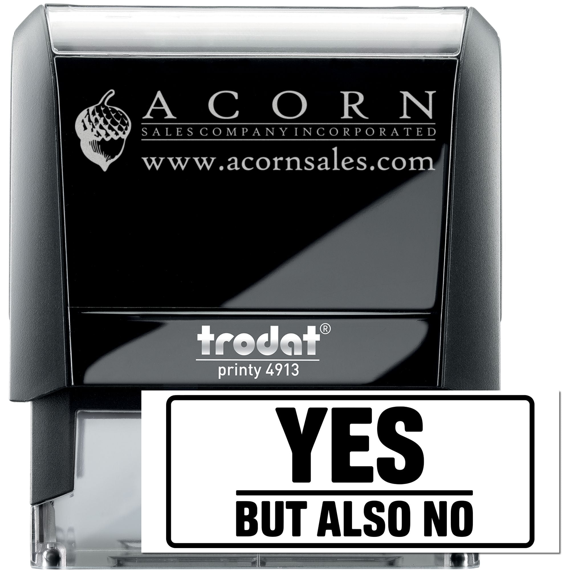 Custom Trodat Printy 4913 self-inking rubber stamp with Acorn Sales Company logo and website imprint for business branding.