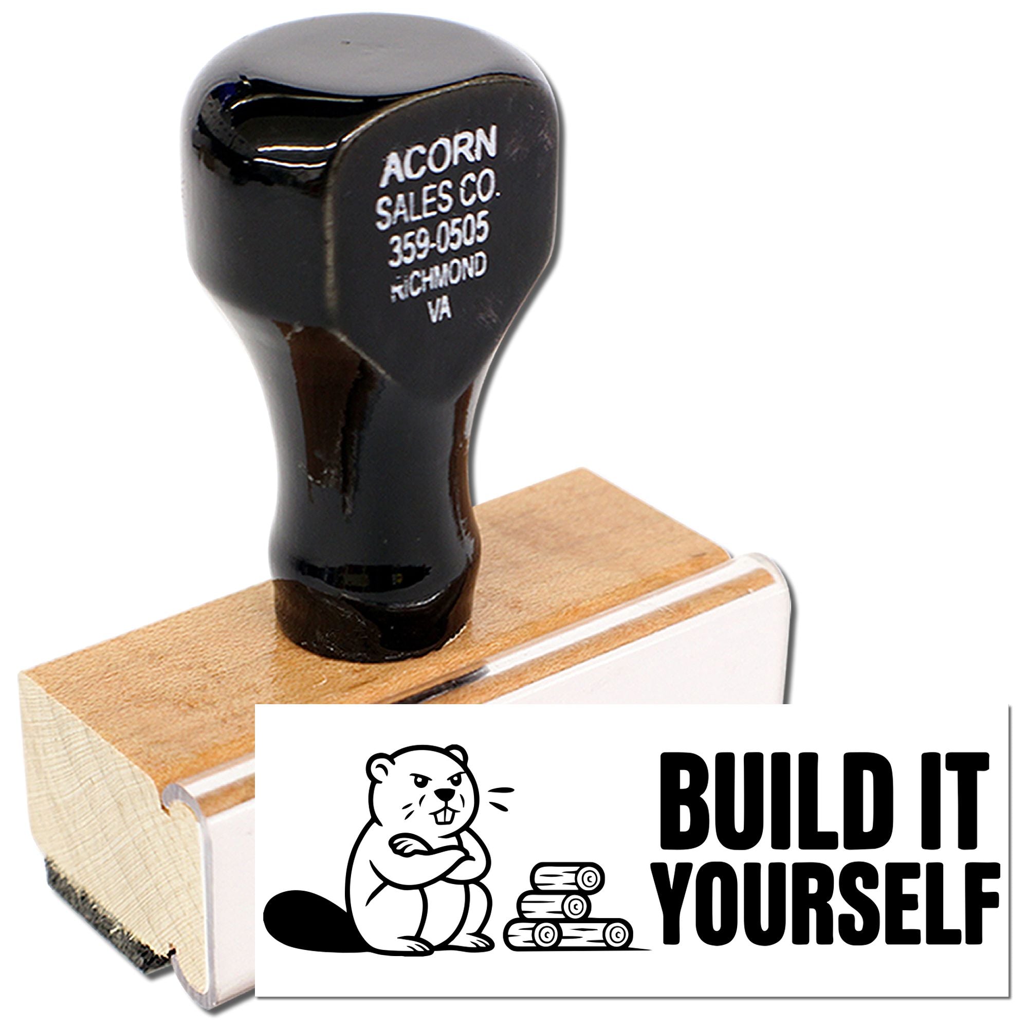 Custom wood-handle rubber stamp with beaver logo and Acorn Sales Co. imprint for business branding.