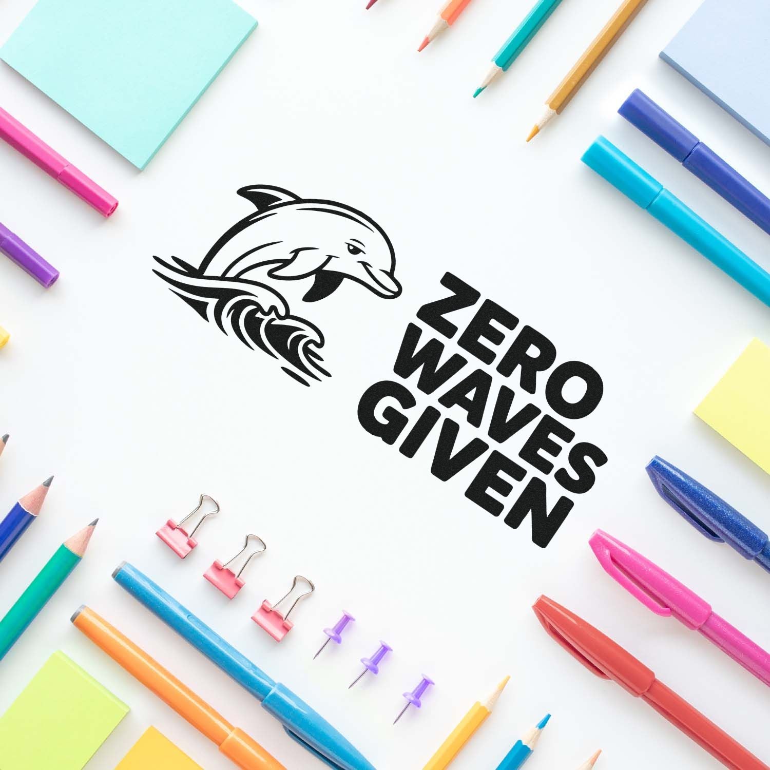 Custom rubber stamp design with dolphin logo and Zero Waves Given text, shown as a stationery mockup.