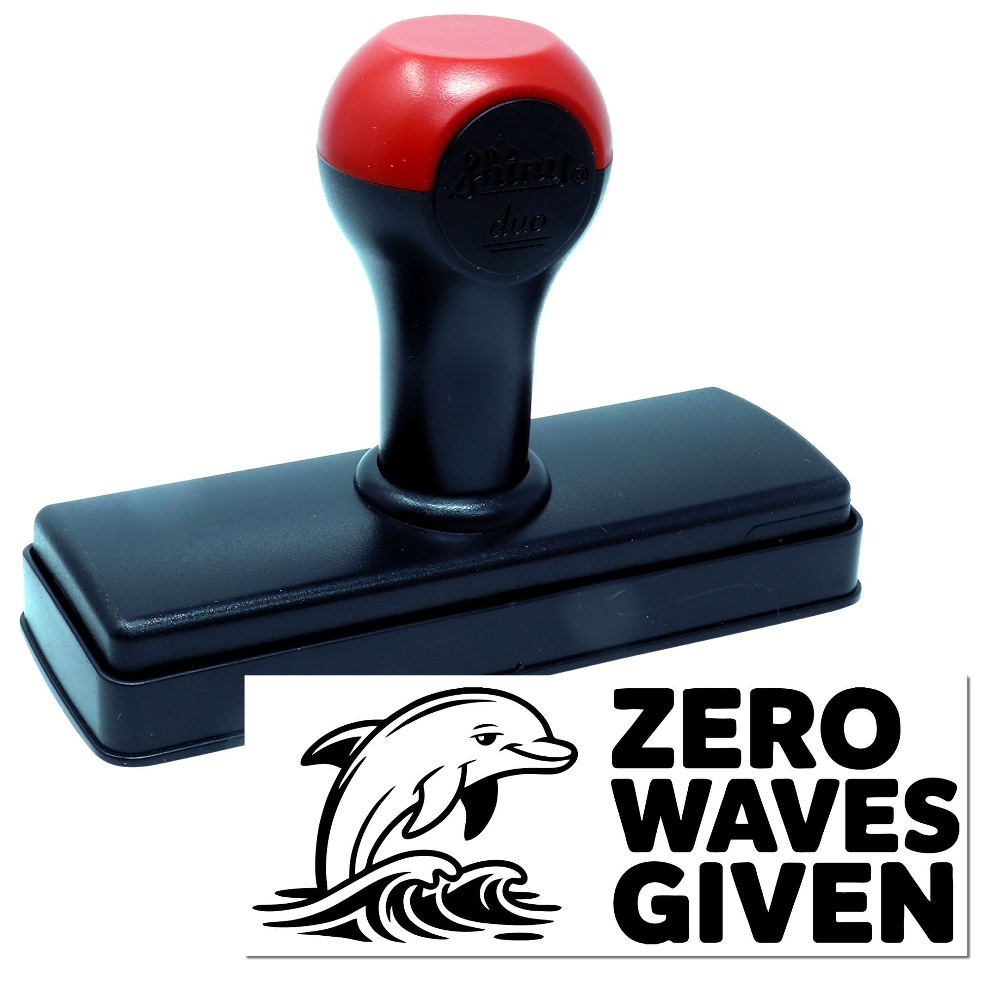 Custom self-inking rubber stamp with dolphin logo and Zero Waves Given design for branding or personal use.