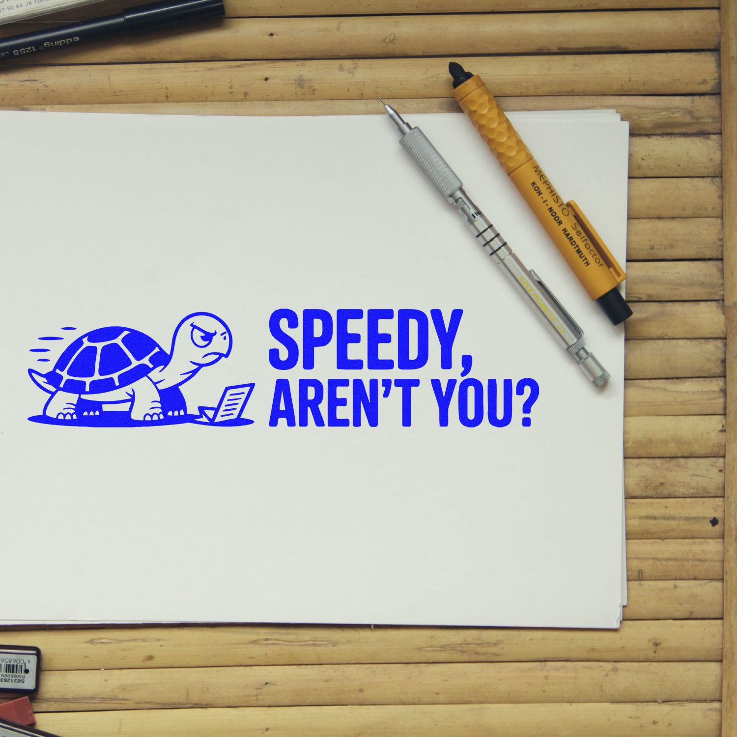 Custom rubber stamp mockup with blue turtle and Speedy, arent you? slogan for branding or packaging.