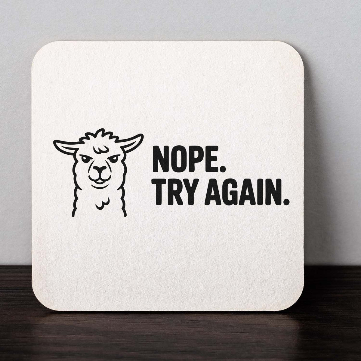 Funny llama rubber stamp with Nope. Try Again. text for office, teacher, or rejection stamping.
