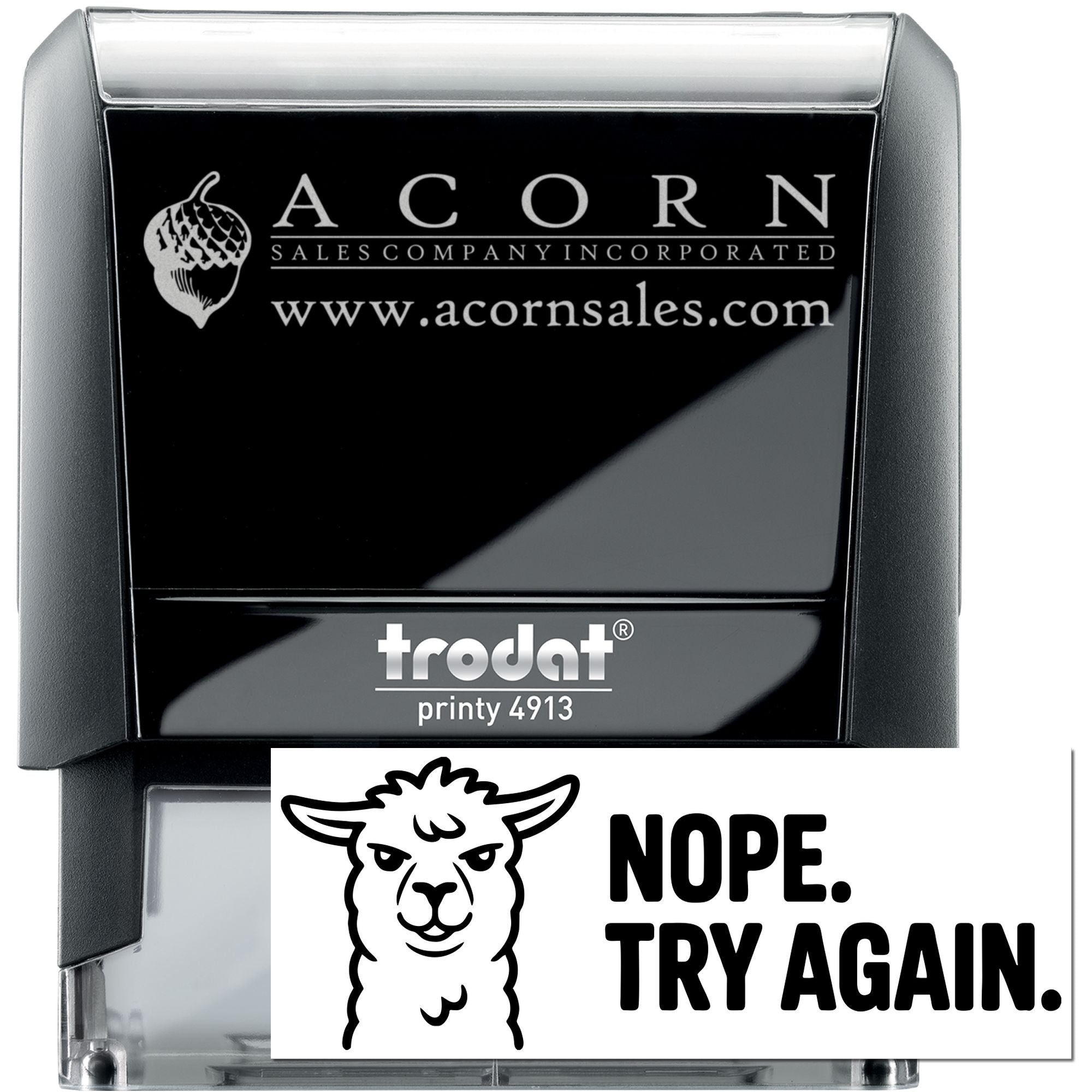 Custom self-inking rubber stamps, including a logo business stamp and Nope. Try Again. novelty stamp.