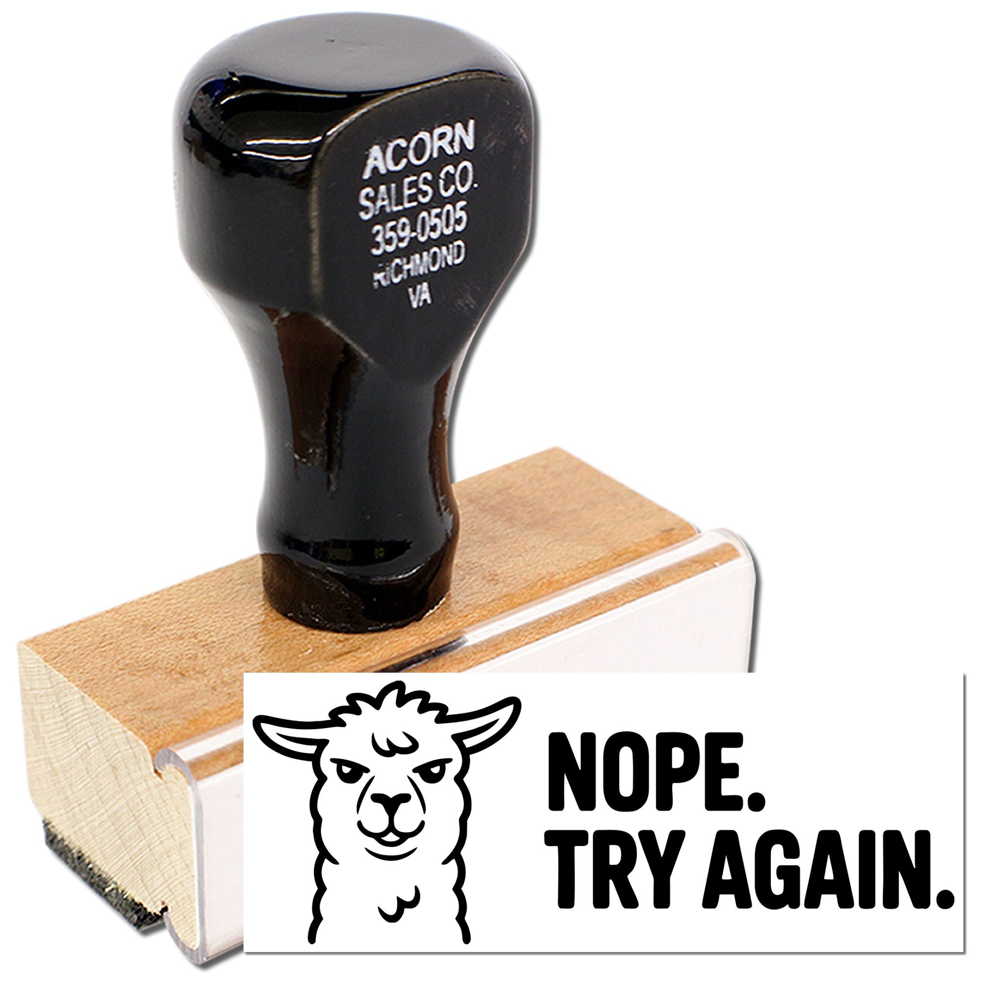 Custom rubber stamp with llama Nope, Try Again design for playful office rejection messages and return notes.