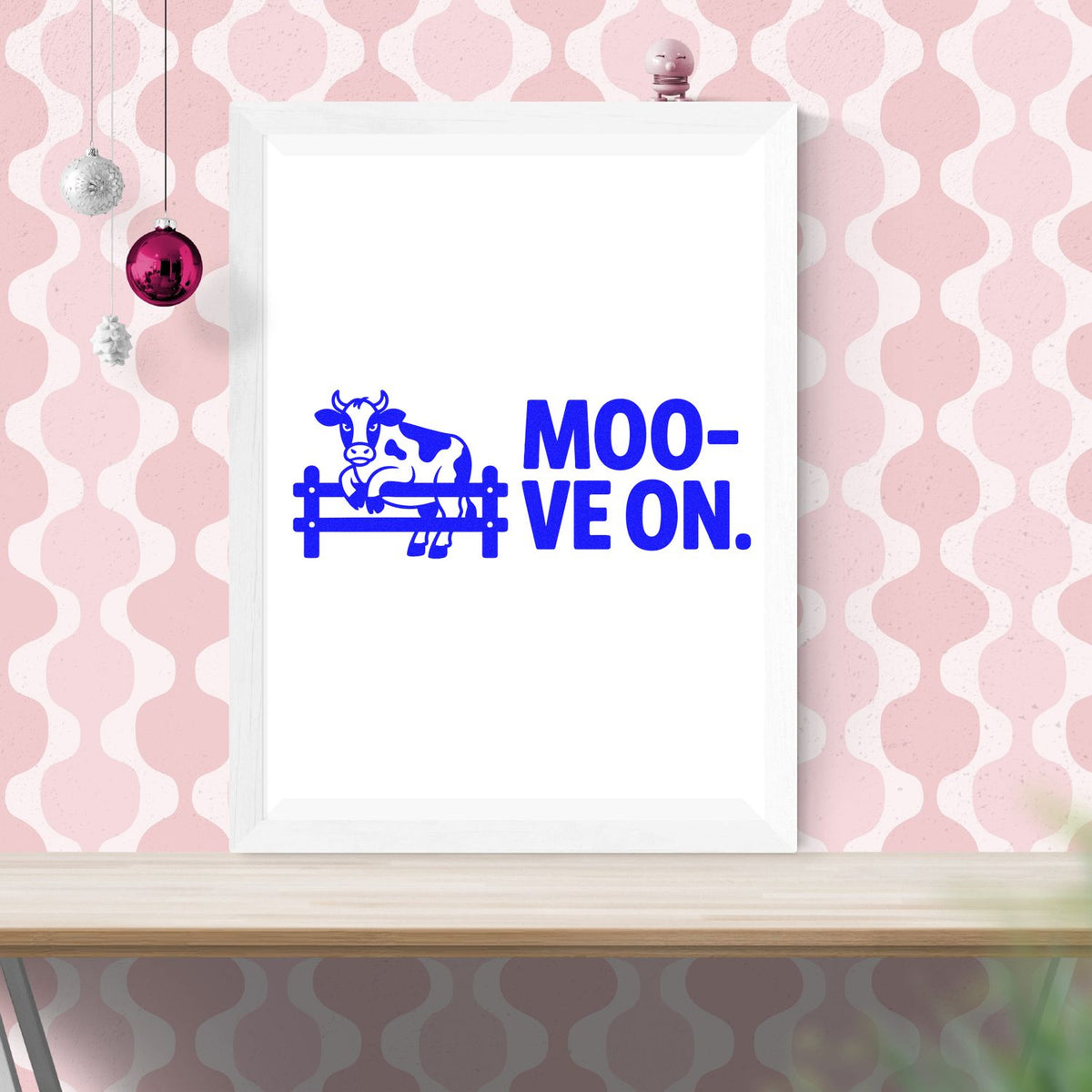 Moo-ve On cow rubber stamp design with cow over fence, playful farm-themed motivational text for cards, crafts, and stamping.