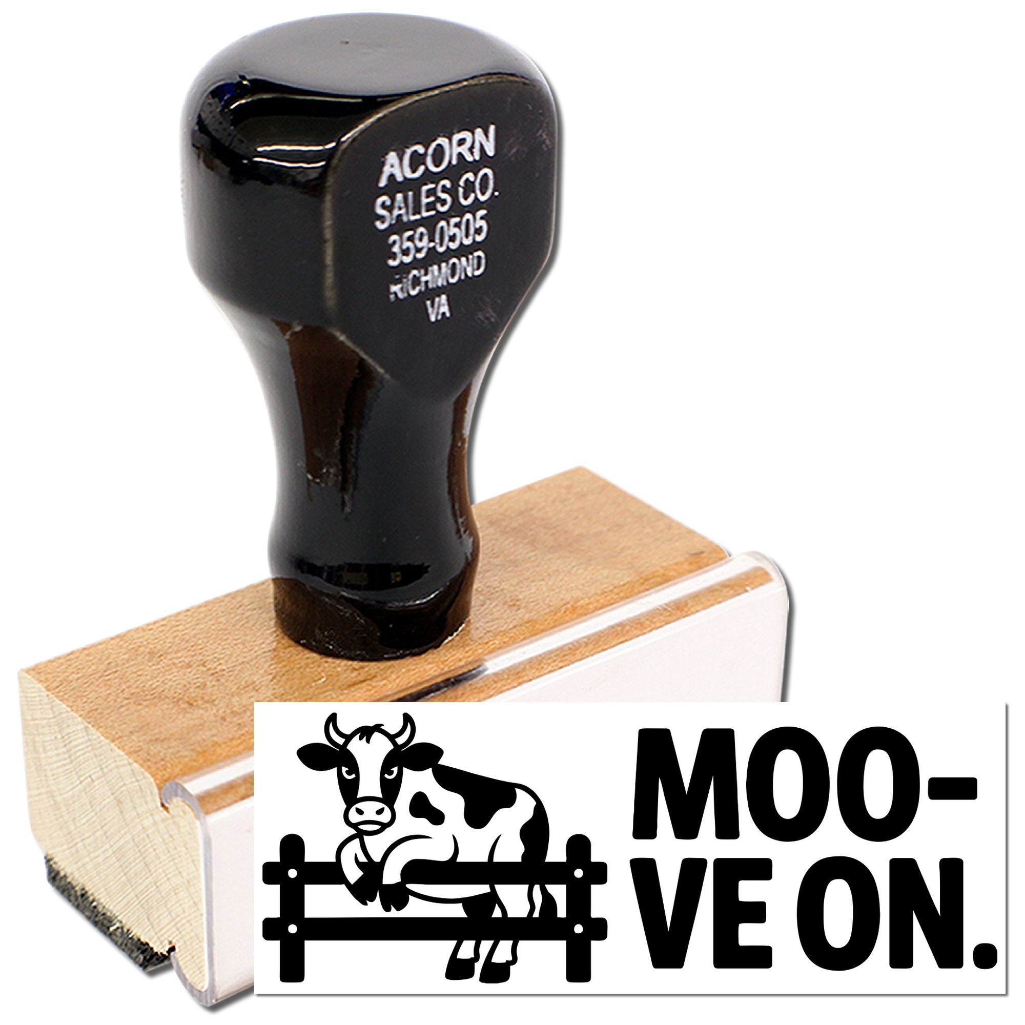 Custom rubber stamp with cow graphic and Moo-ve On text for farm-themed business branding.