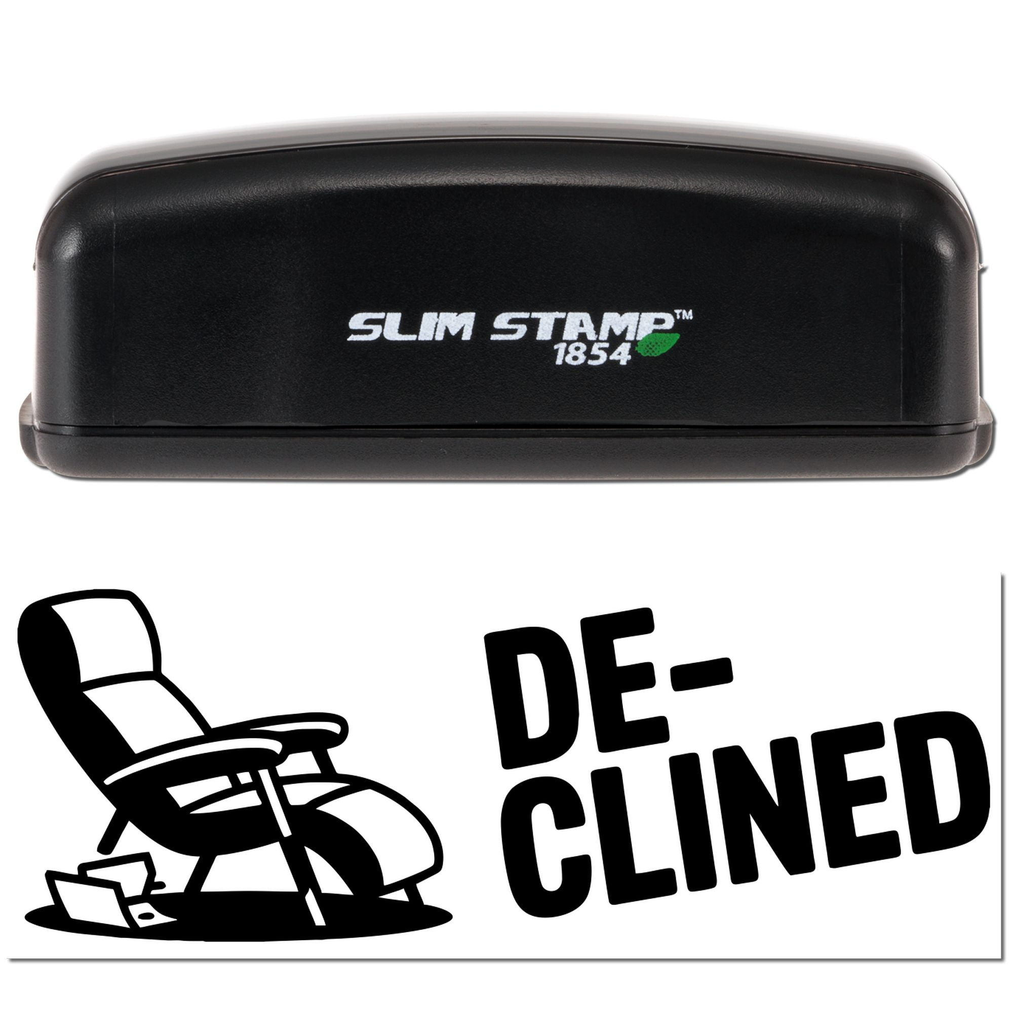 Slim Stamp 1854 self-inking rubber stamp with DE-CLINED imprint and chair icon for quick office rejection marking.