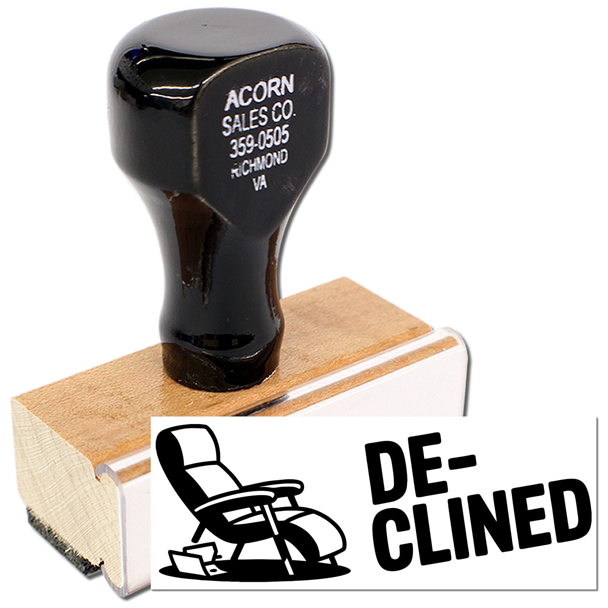 Custom rubber stamp for marking declined items, featuring DECLINED text and recliner icon.