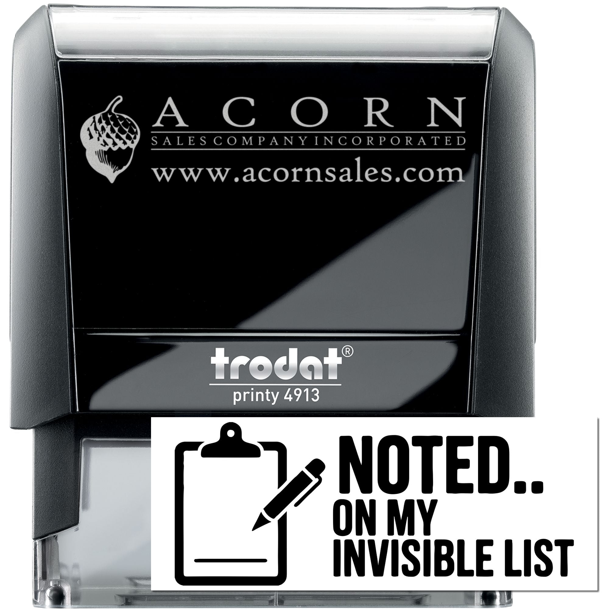 Custom self-inking rubber stamp with Acorn Sales Company logo, website, and Trodat Printy 4913 case for business use.