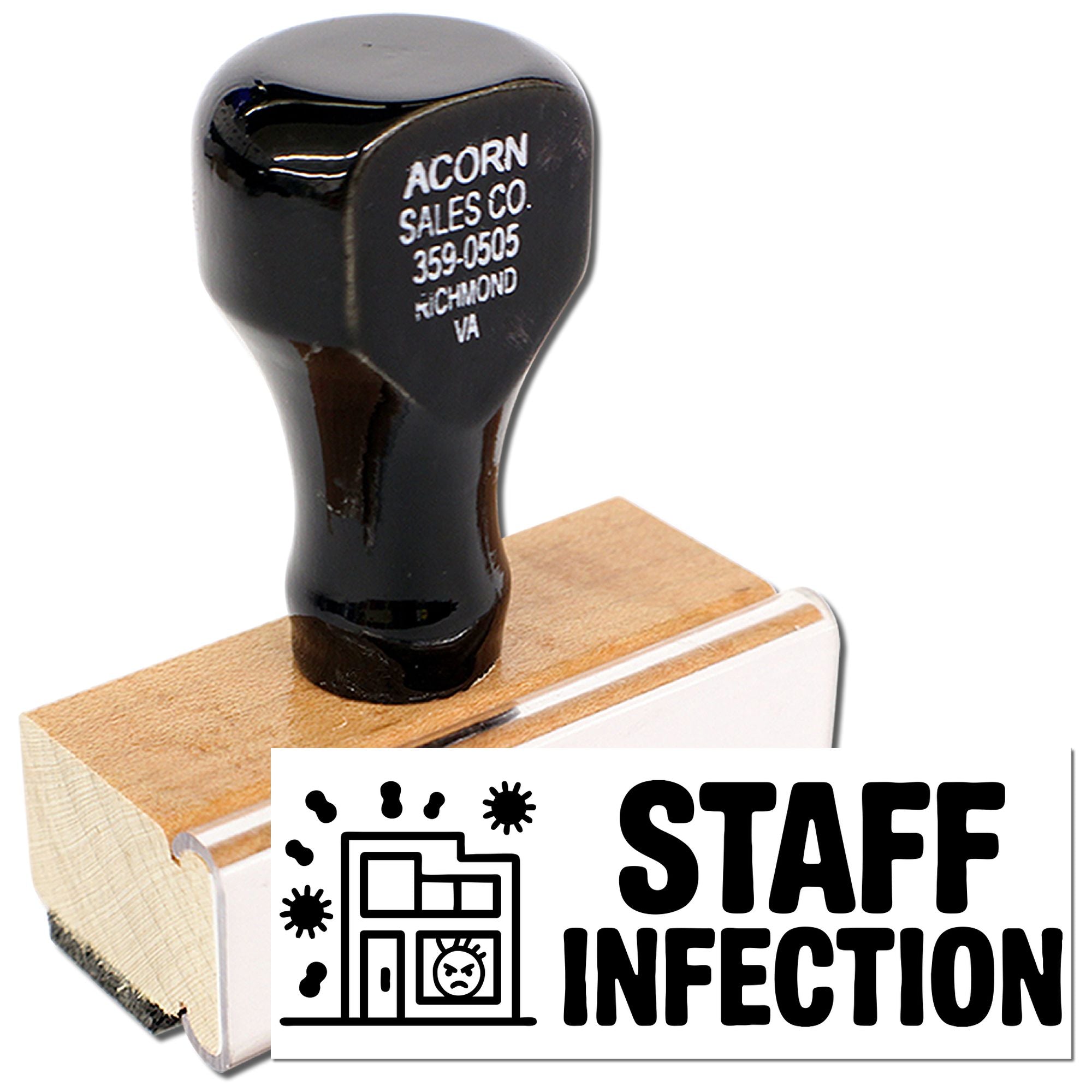 Self-inking STAFF INFECTION rubber stamp with office building icon, designed for humorous workplace documents.
