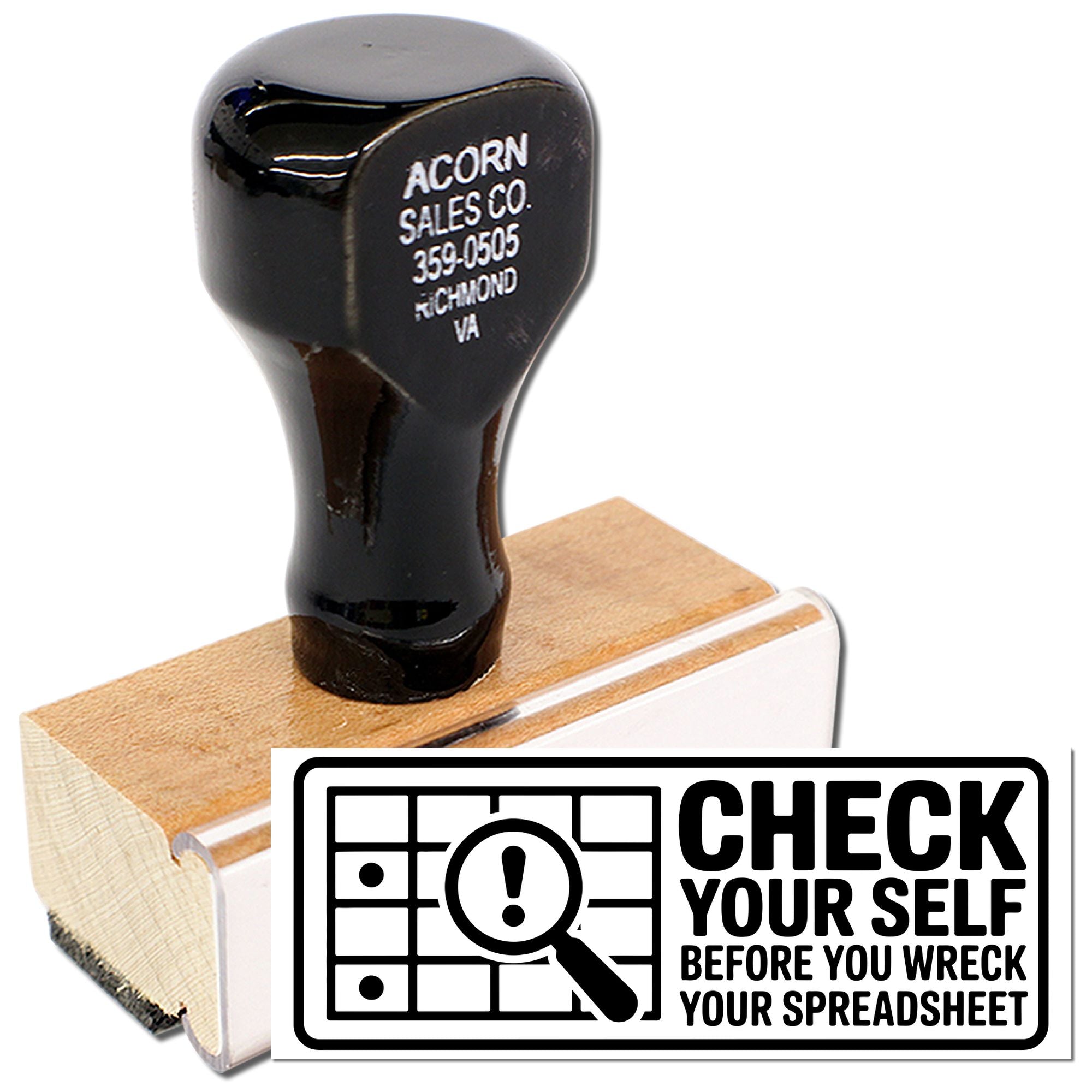 Office rubber stamp reading Check Yourself Before You Wreck Your Spreadsheet for spreadsheet humor and quality control.