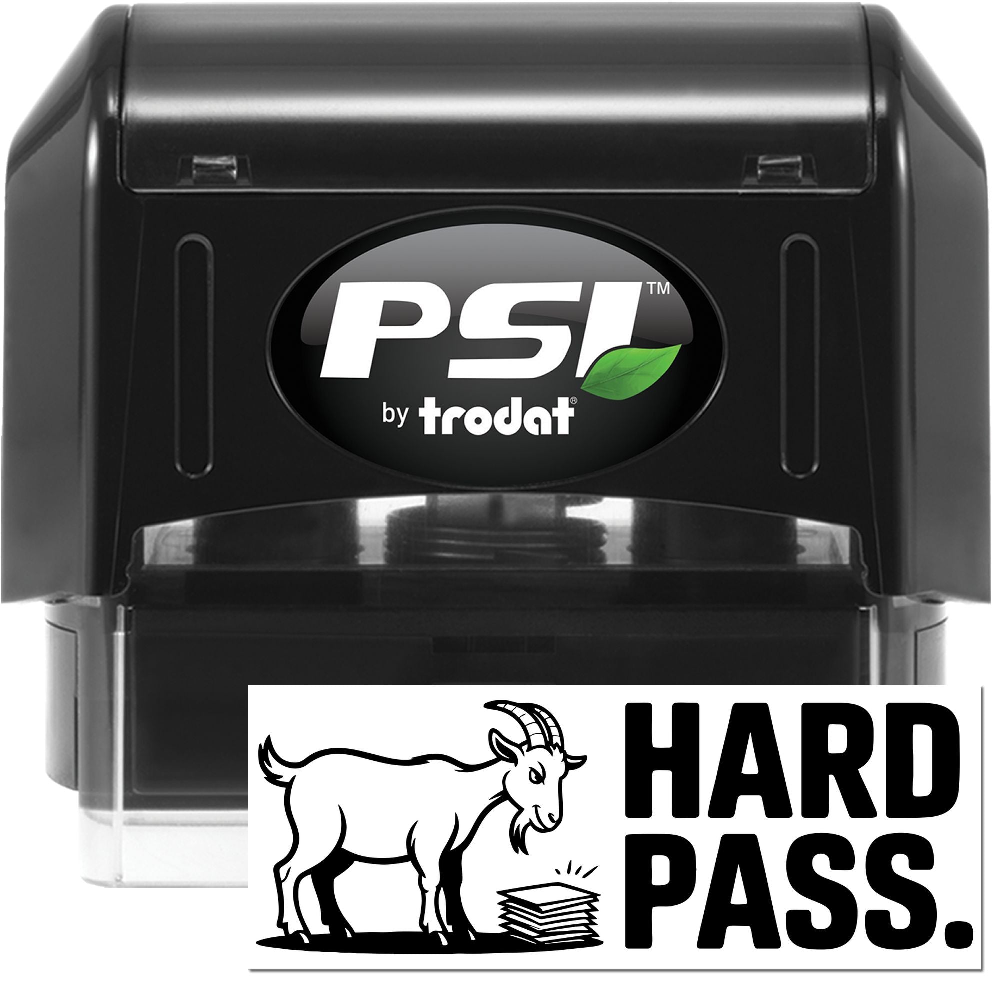 PSI by Trodat self-inking rubber stamp with Hard Pass goat design for rejecting paperwork, approvals, or offers.