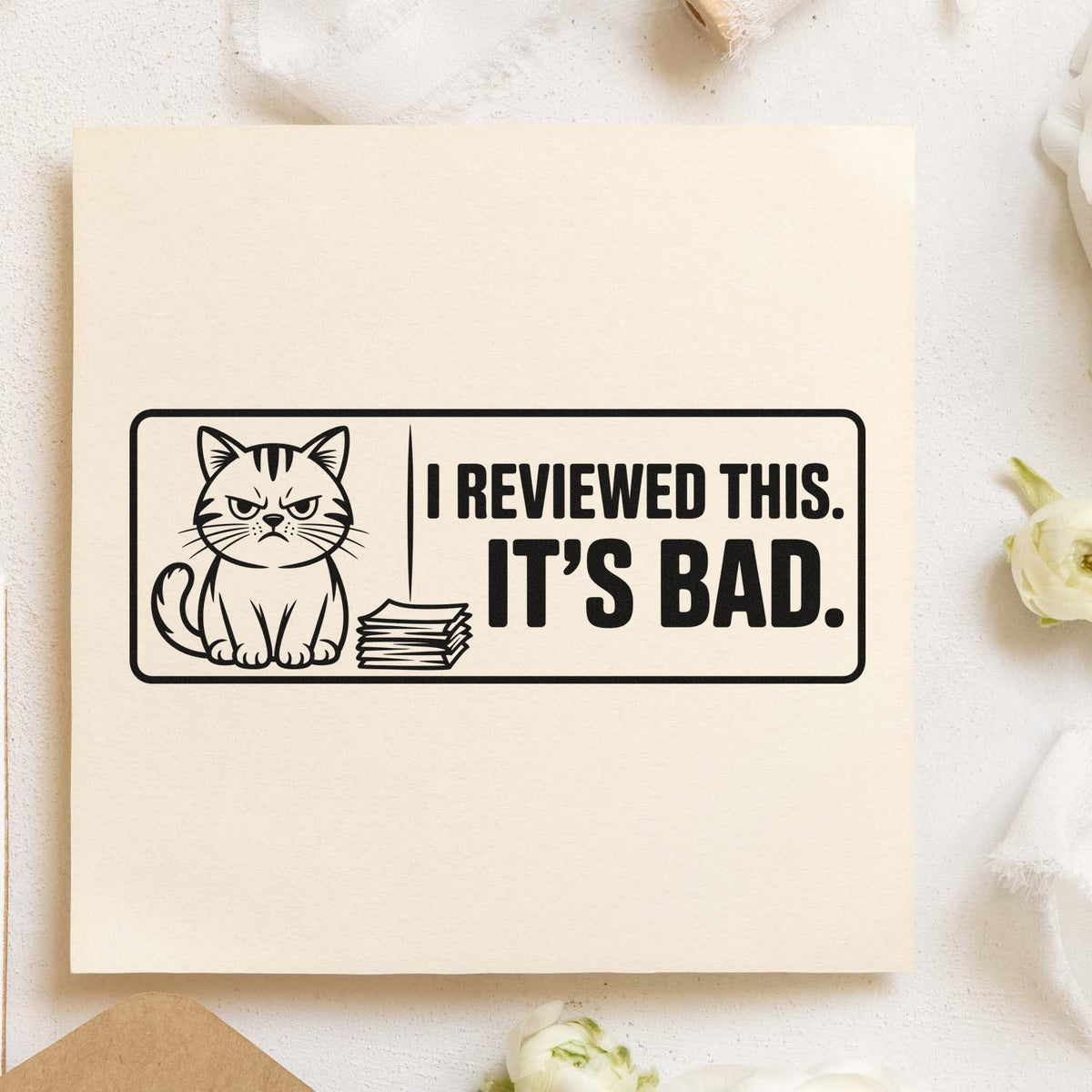 Humorous cat rubber stamp design with I reviewed this. Its bad. text for office, teacher, or grading use.