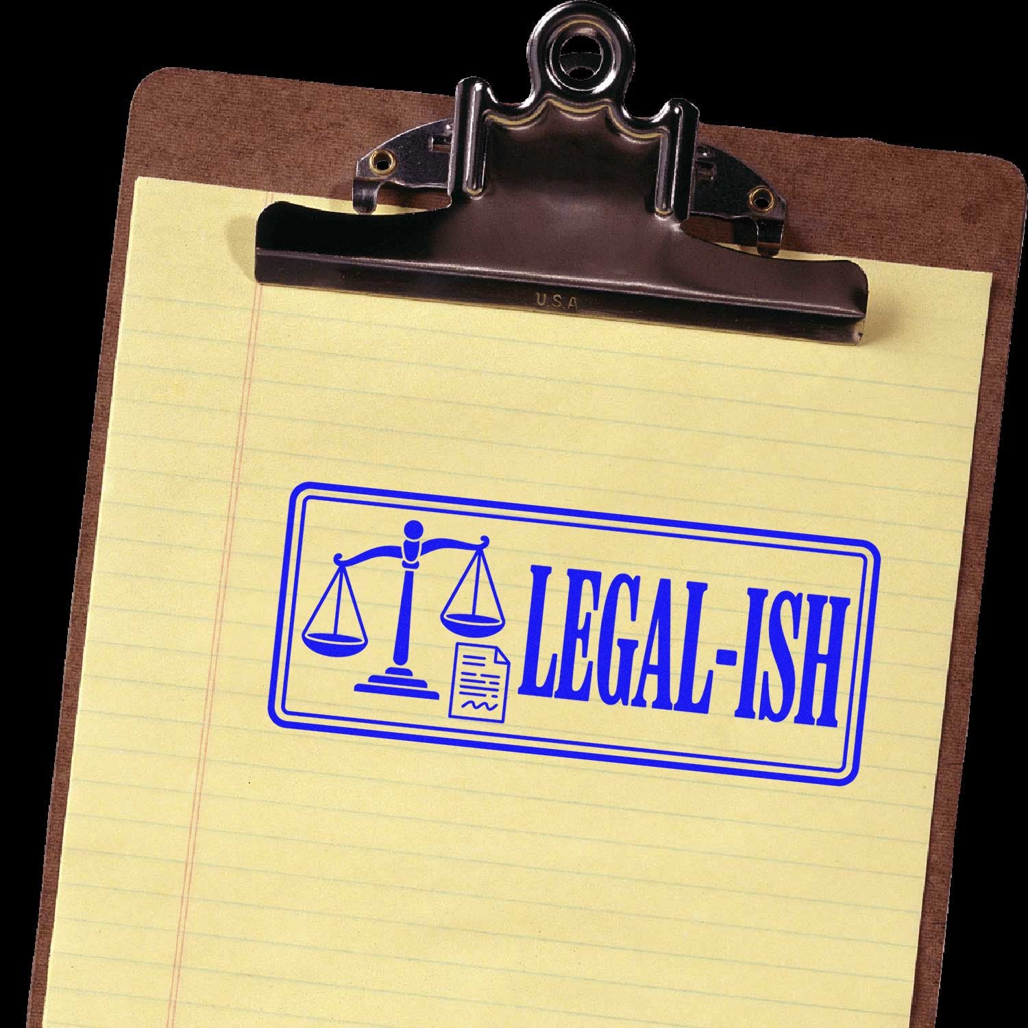 Legal-Ish rubber stamp design with scales of justice, ideal for marking law-themed documents and office paperwork.