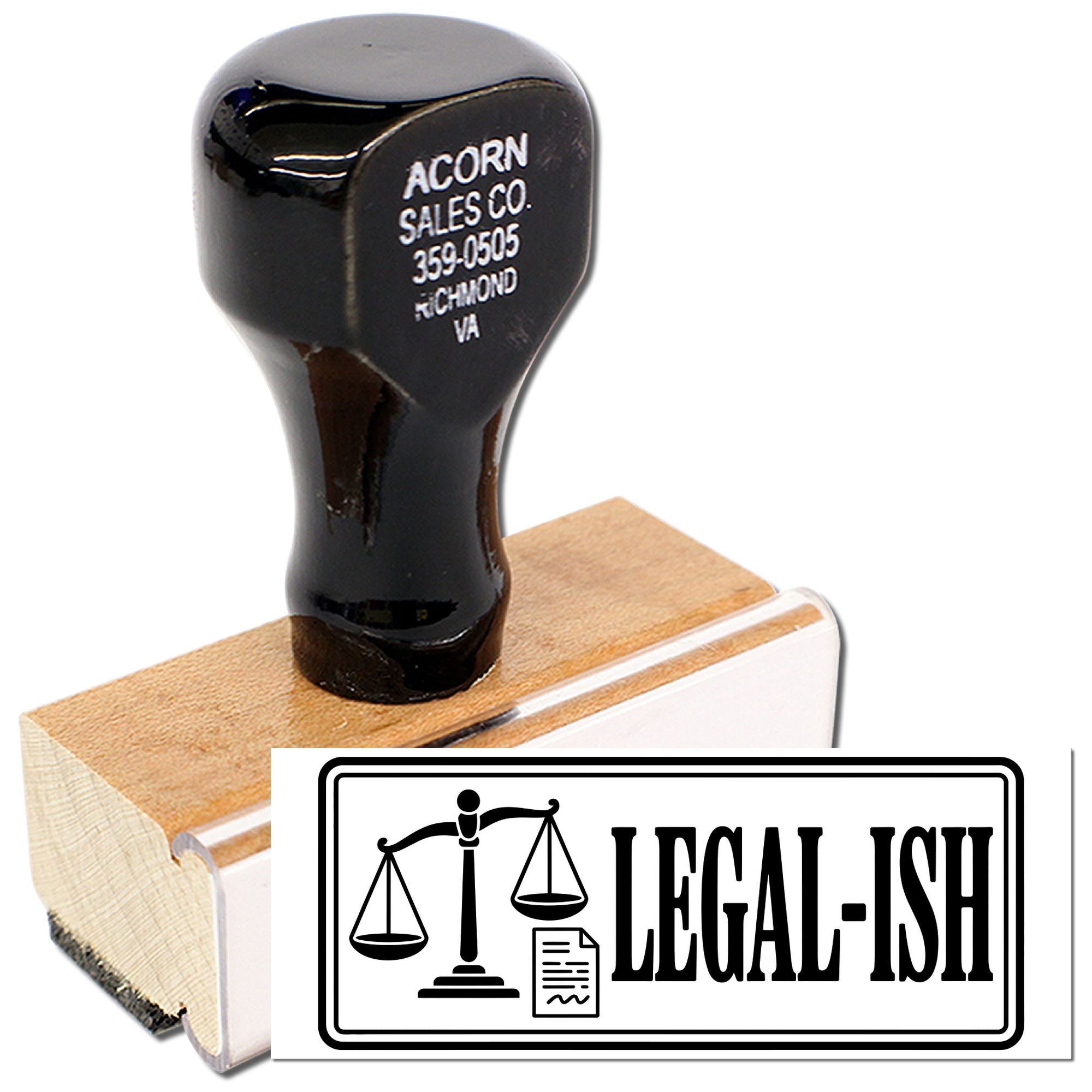 Custom Legal-Ish rubber stamp with scales of justice icon and wood handle for law office or legal document marking.