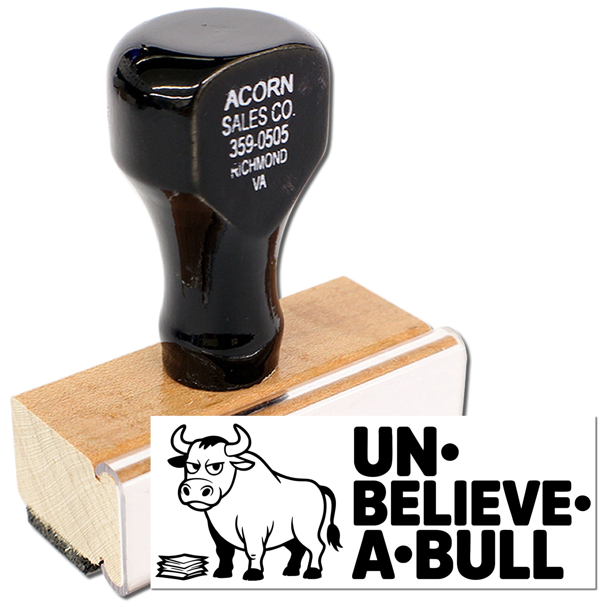Custom rubber stamp with cow graphic and Un-believe a bull text for novelty office or business use.