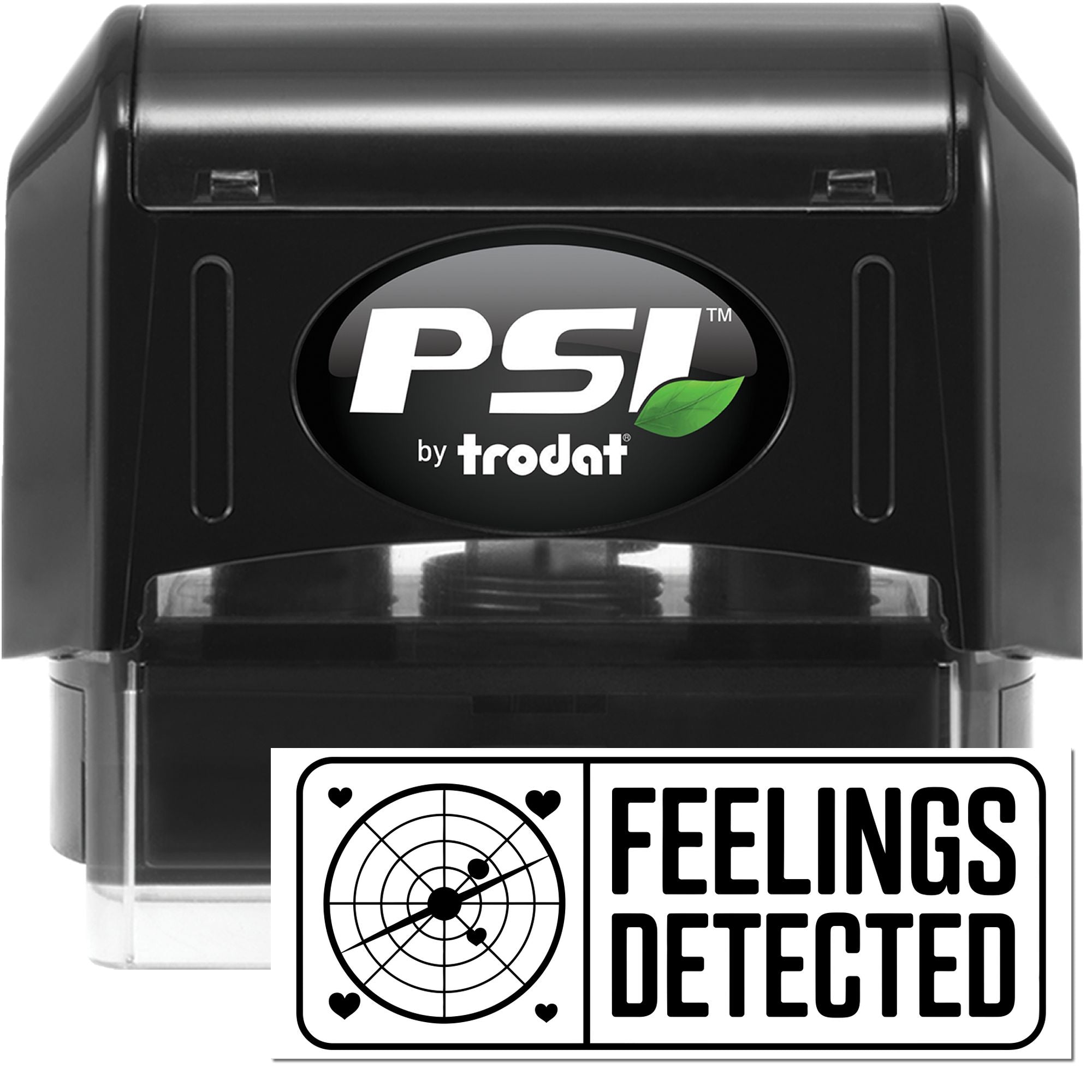 PSI by Trodat self-inking rubber stamp with Feelings Detected custom stamp design and target graphic.