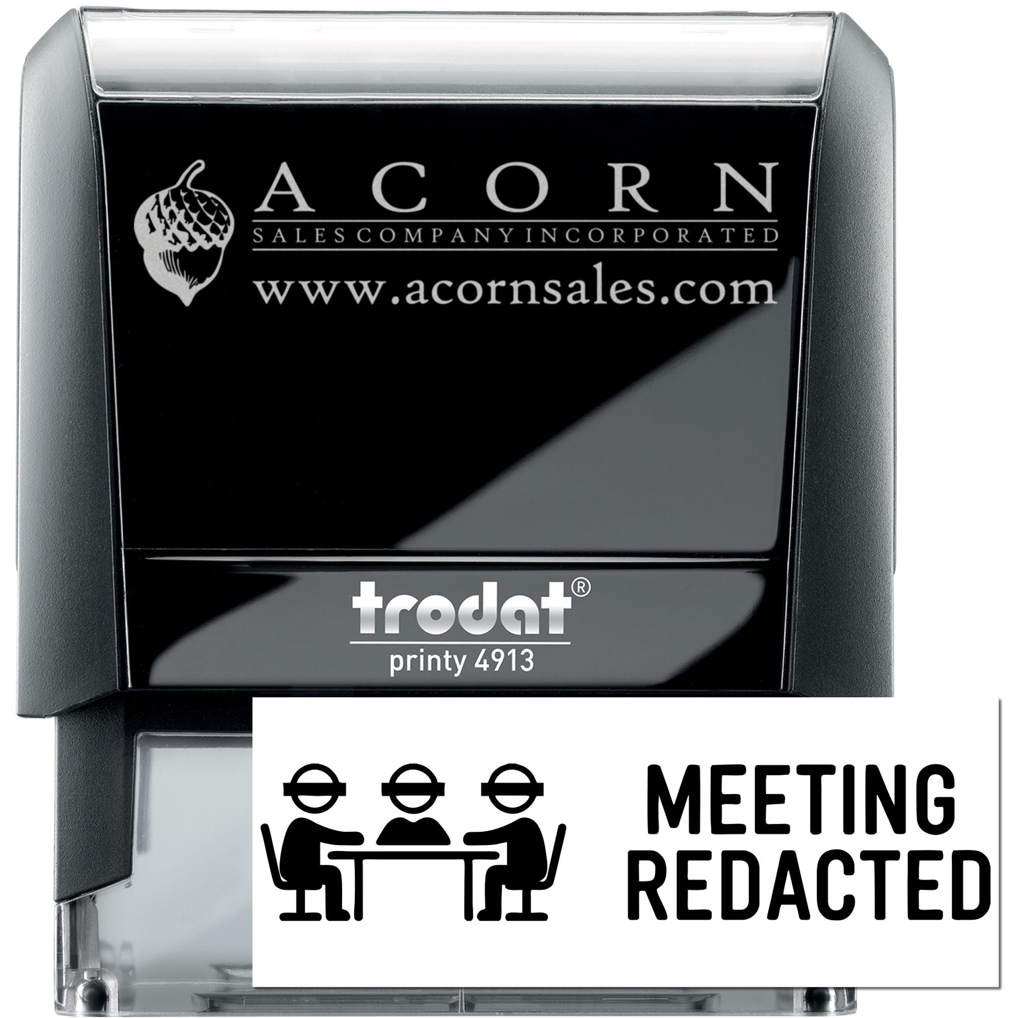Self-inking custom rubber stamp with Acorn Sales logo and Meeting Redacted office imprint.