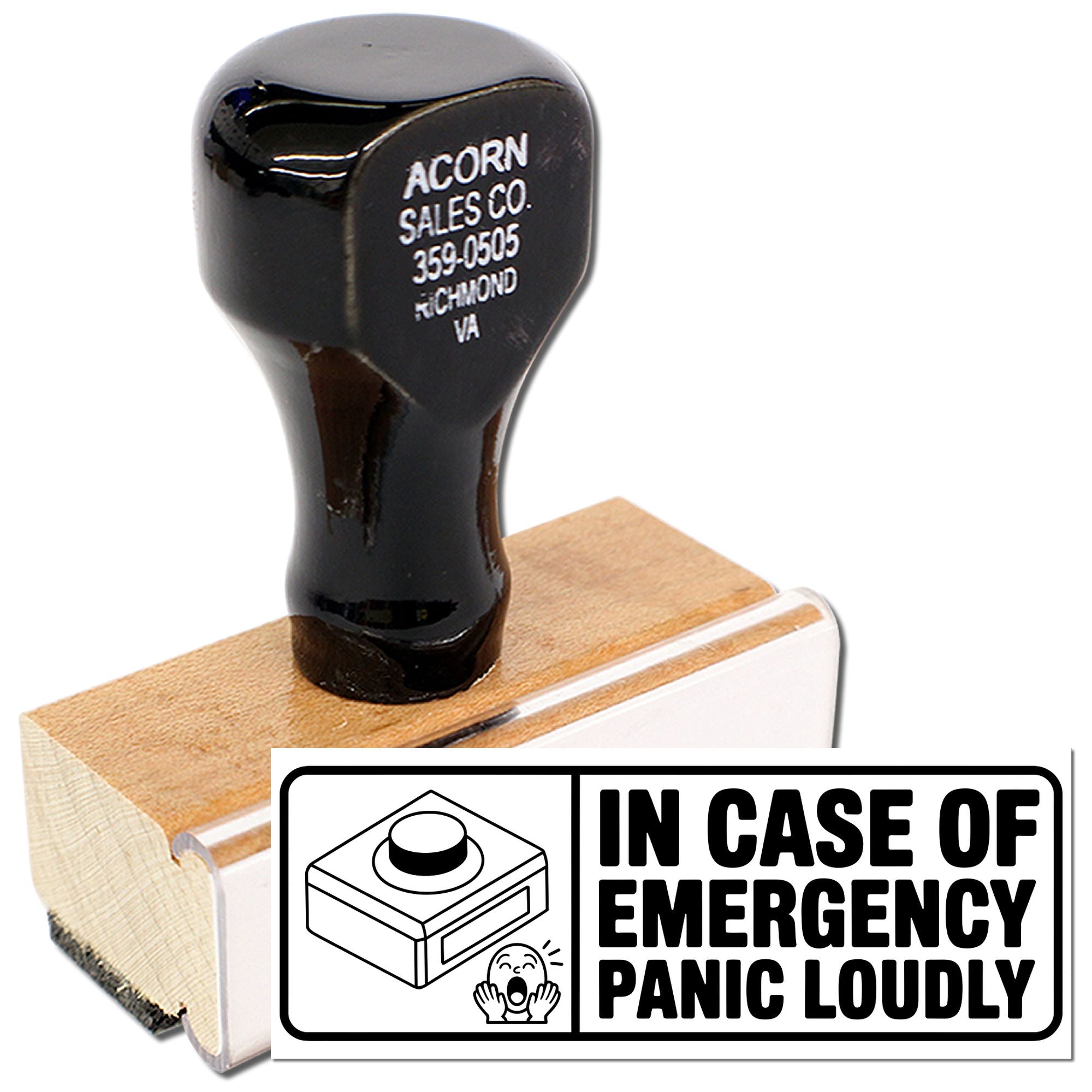 Self-inking rubber stamp with In Case of Emergency, Panic Loudly slogan for office humor and classroom labeling.
