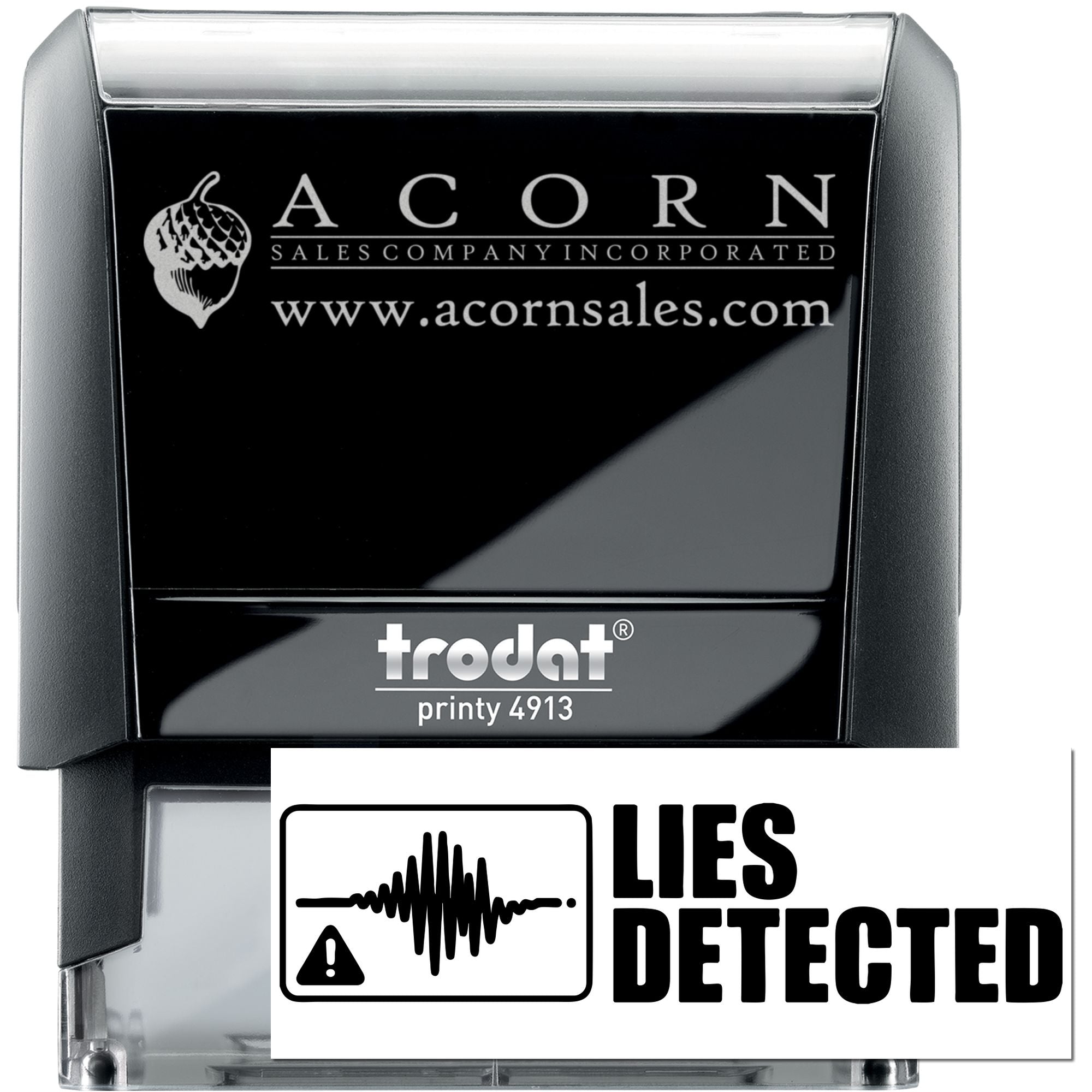 Custom self-inking rubber stamp with Acorn Sales logo and website, plus Lies Detected novelty stamp design.