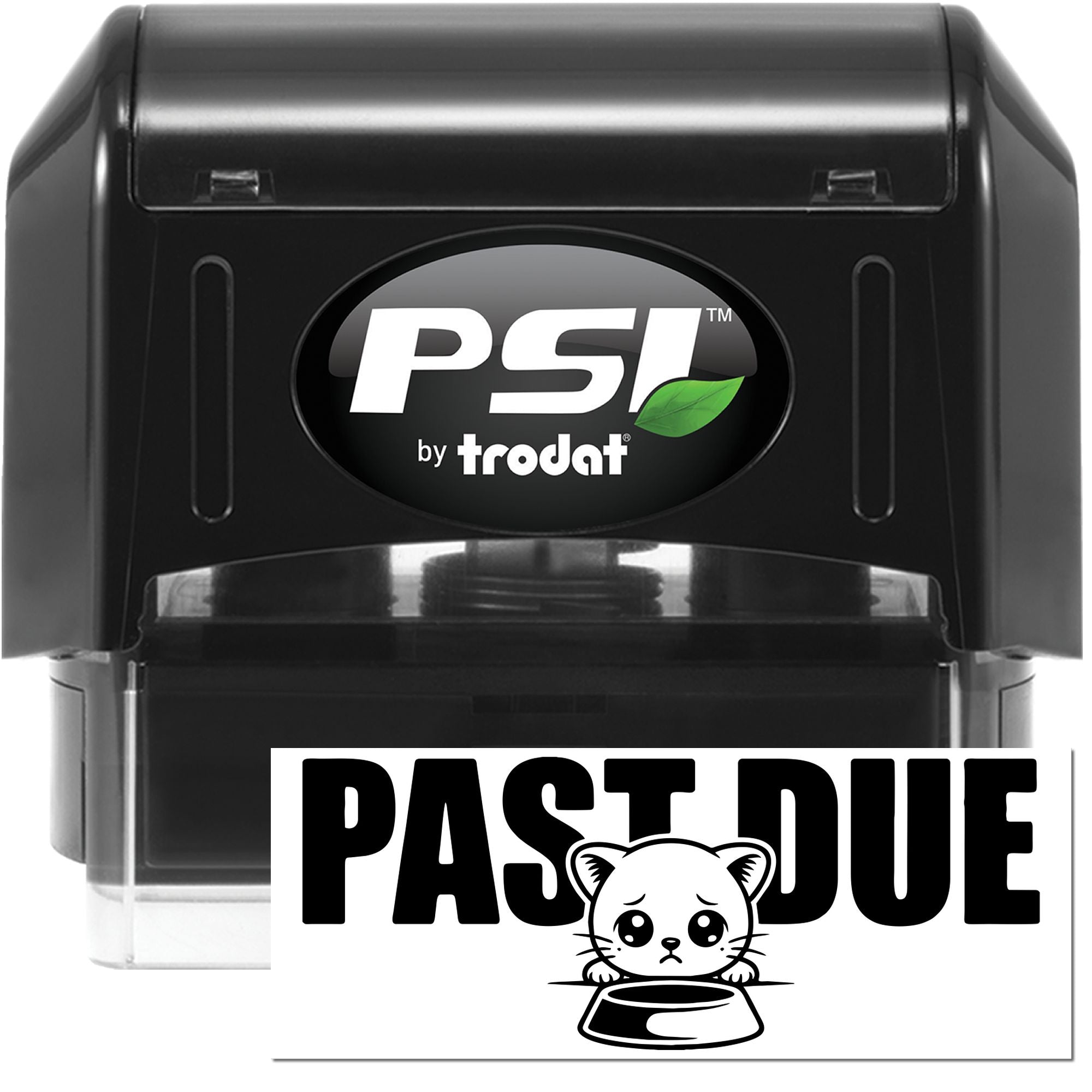PSI by Trodat self-inking rubber stamp with Past Due cat design for marking overdue documents or pet shop orders.