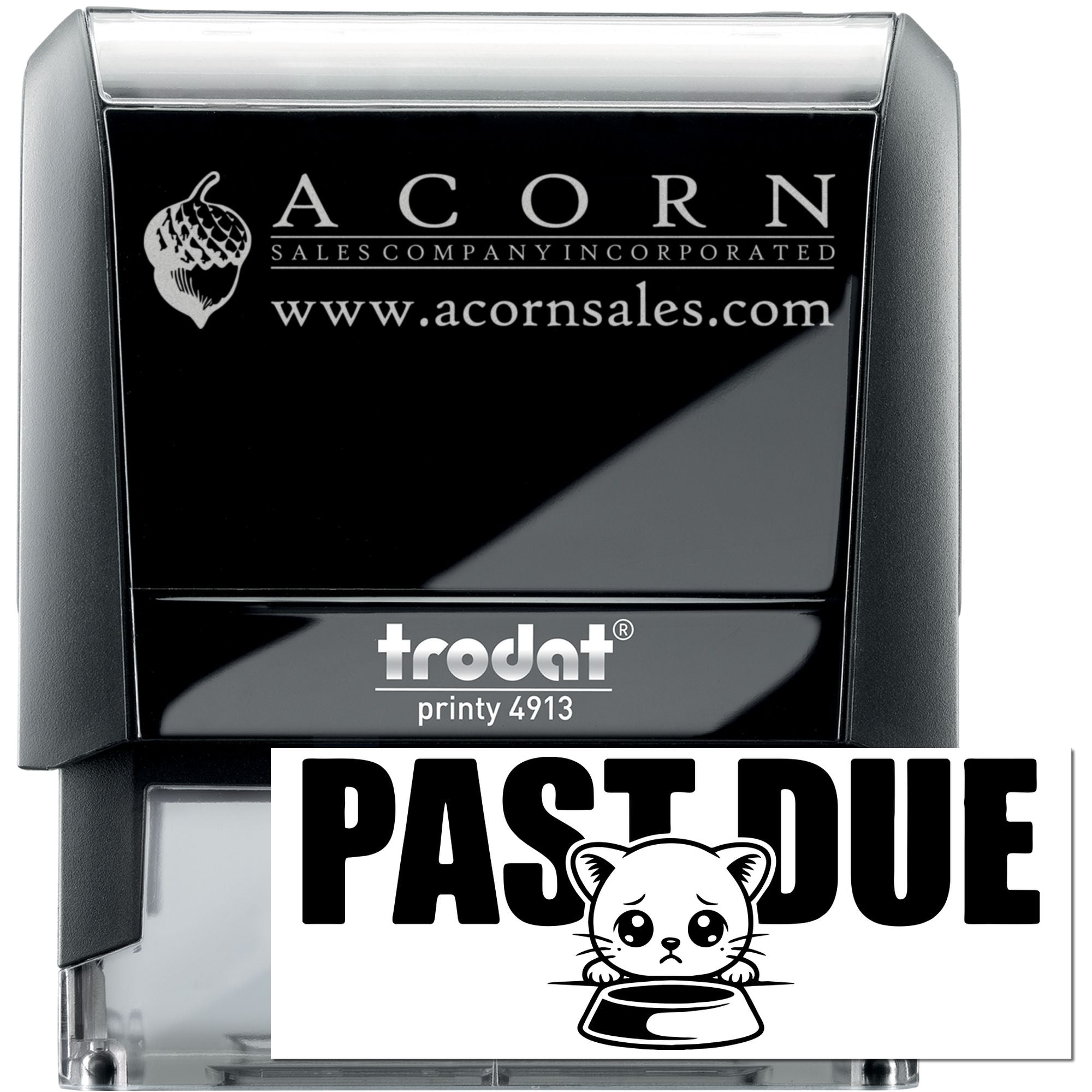 Custom self-inking rubber stamp by Trodat Printy 4913, featuring Acorn Sales logo and a bold Past Due imprint.