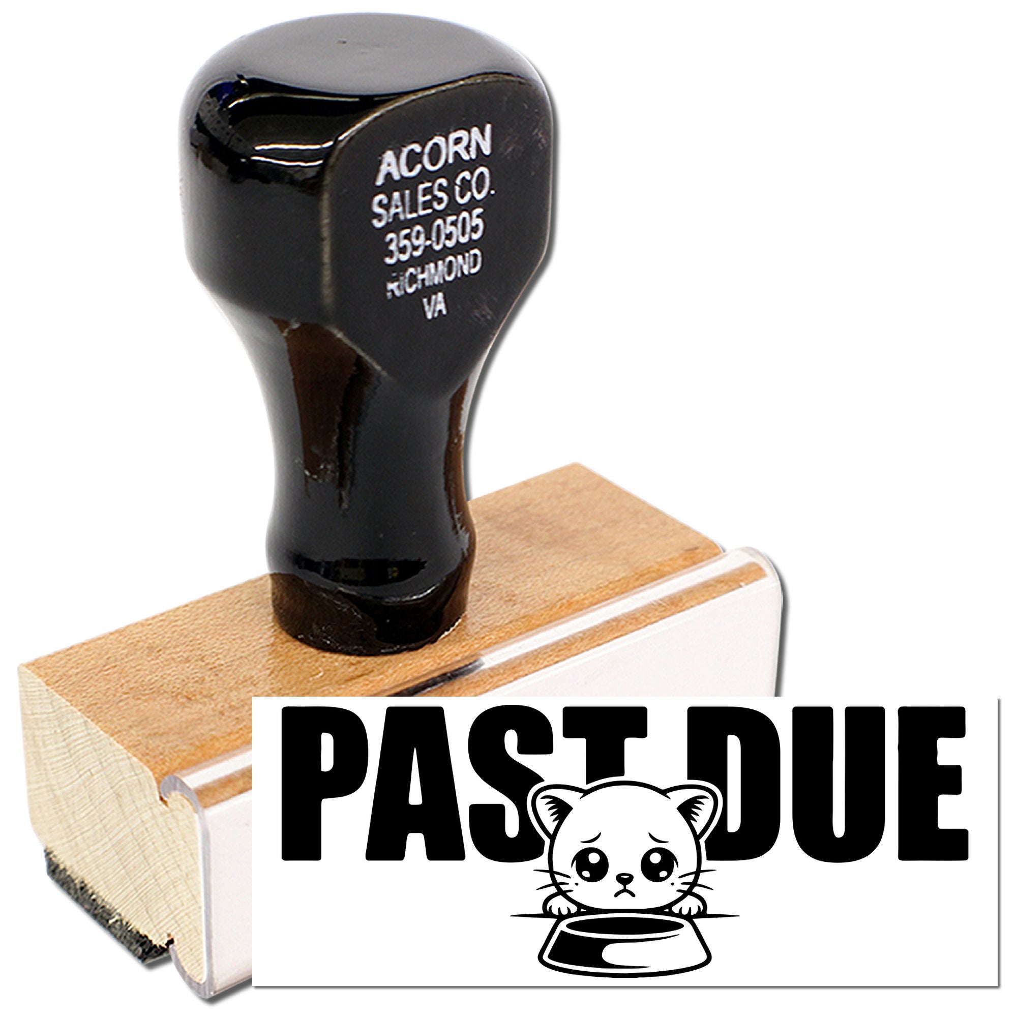 Custom past due rubber stamp with cat icon for overdue payment notices and billing reminders