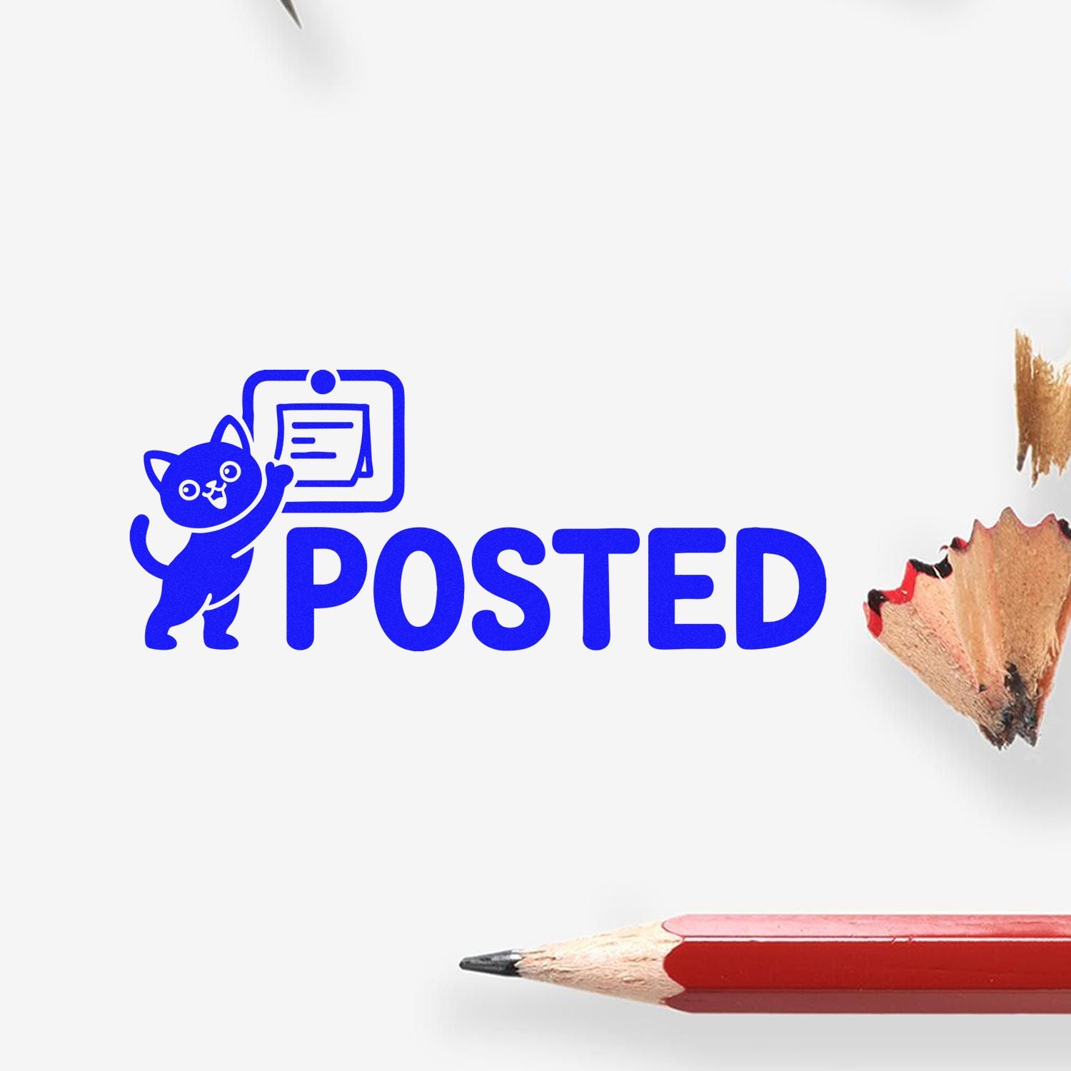 Blue POSTED rubber stamp with cat and document icon for marking mail, paperwork, or classroom assignments.