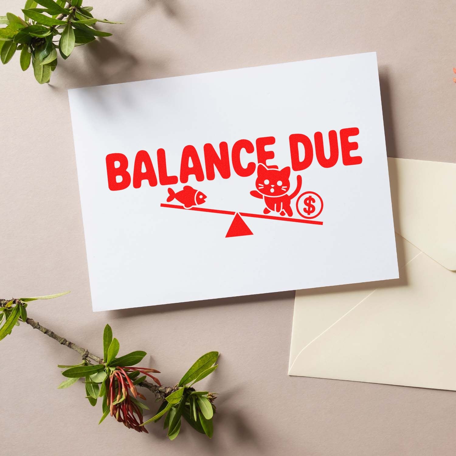 Balance Due rubber stamp design with cat and fish on a scale, ideal for invoice reminders and payment notices.