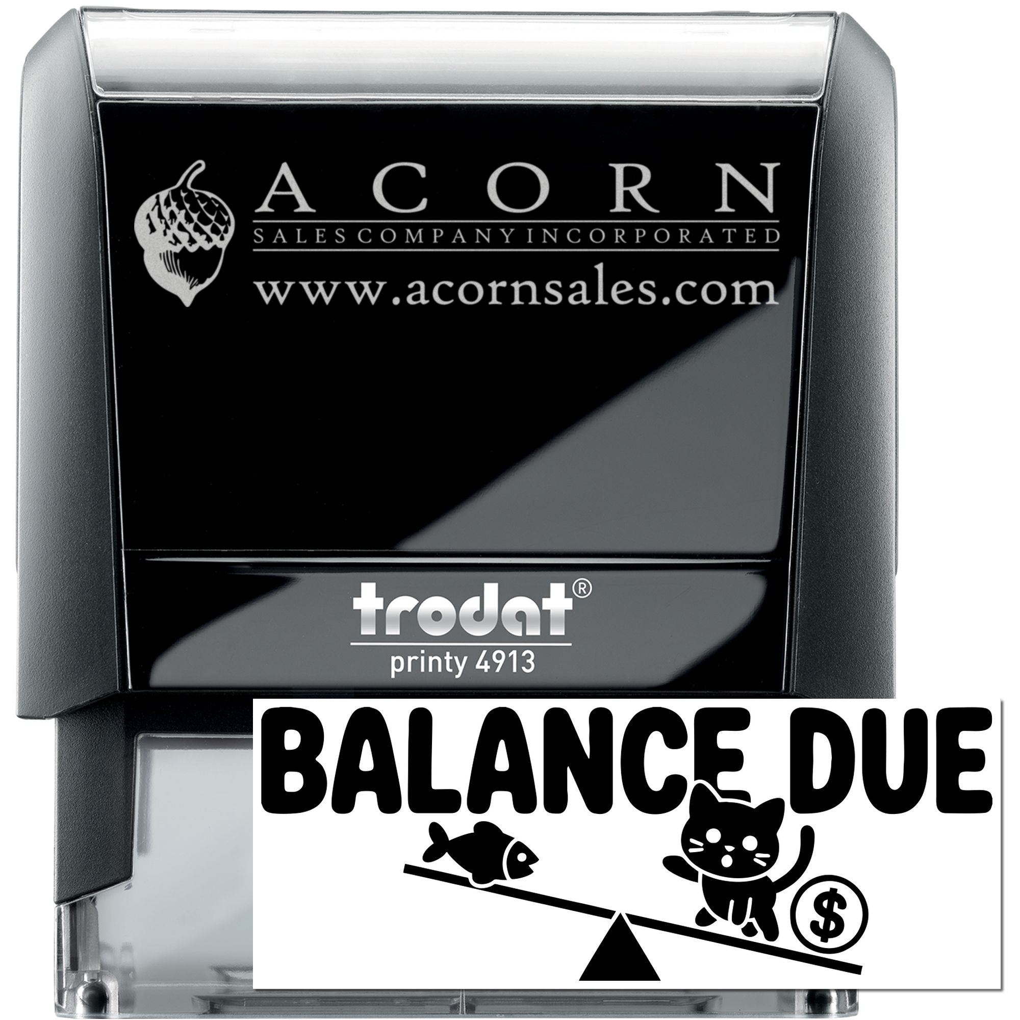 Custom self-inking rubber stamp for invoices with Acorn Sales logo and balance due message.