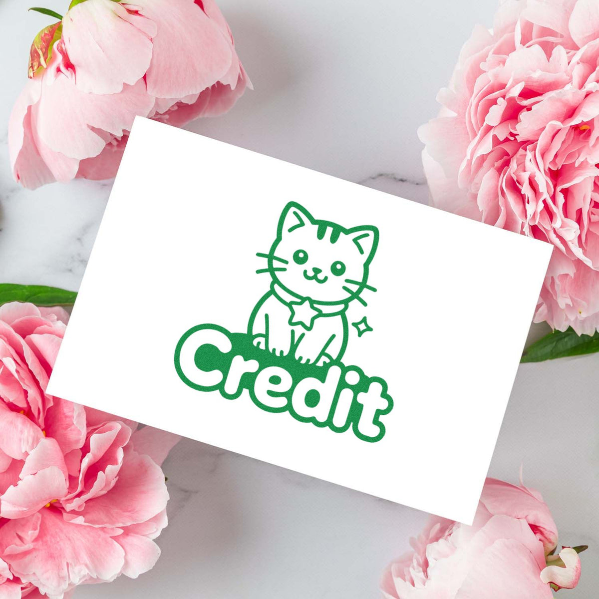 Green cat Credit rubber stamp design for handmade stationery, crafts, and custom labeling.