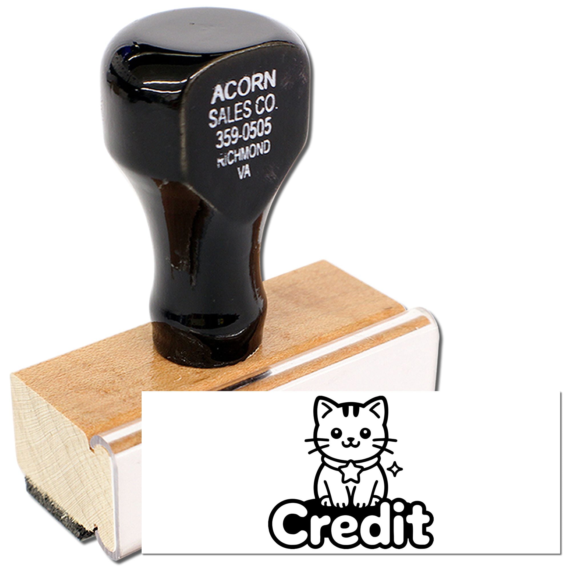 Custom credit rubber stamp with cat logo and wooden handle, ideal for business paperwork, invoices, and office use.