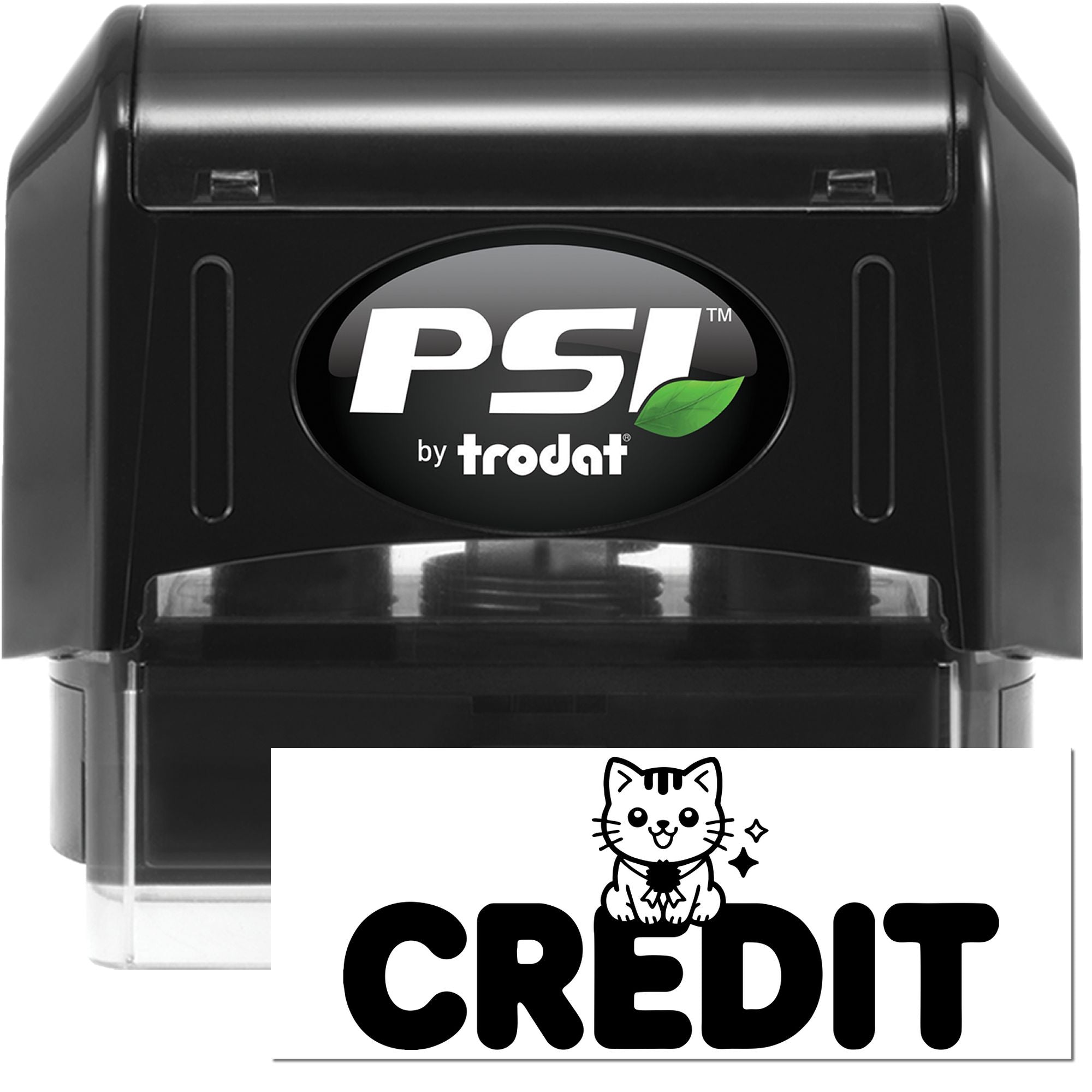 PSI by Trodat self-inking rubber stamp displaying custom CREDIT imprint with cat graphic.