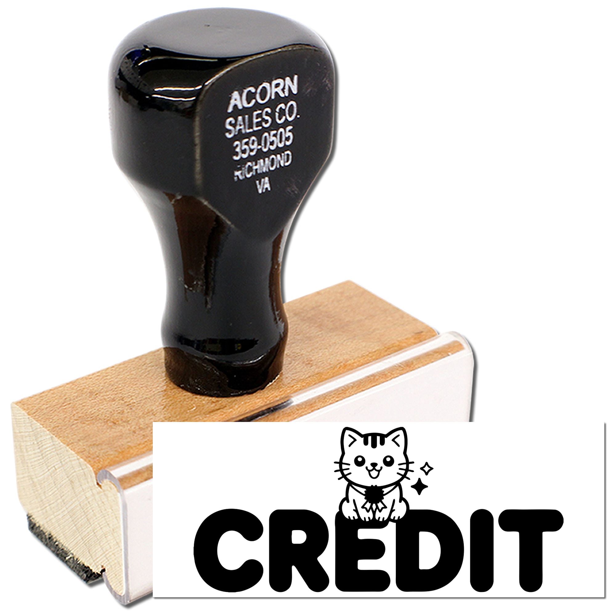 Custom wood-handled rubber stamp with CREDIT imprint and cat logo for office paperwork, billing, and accounting.