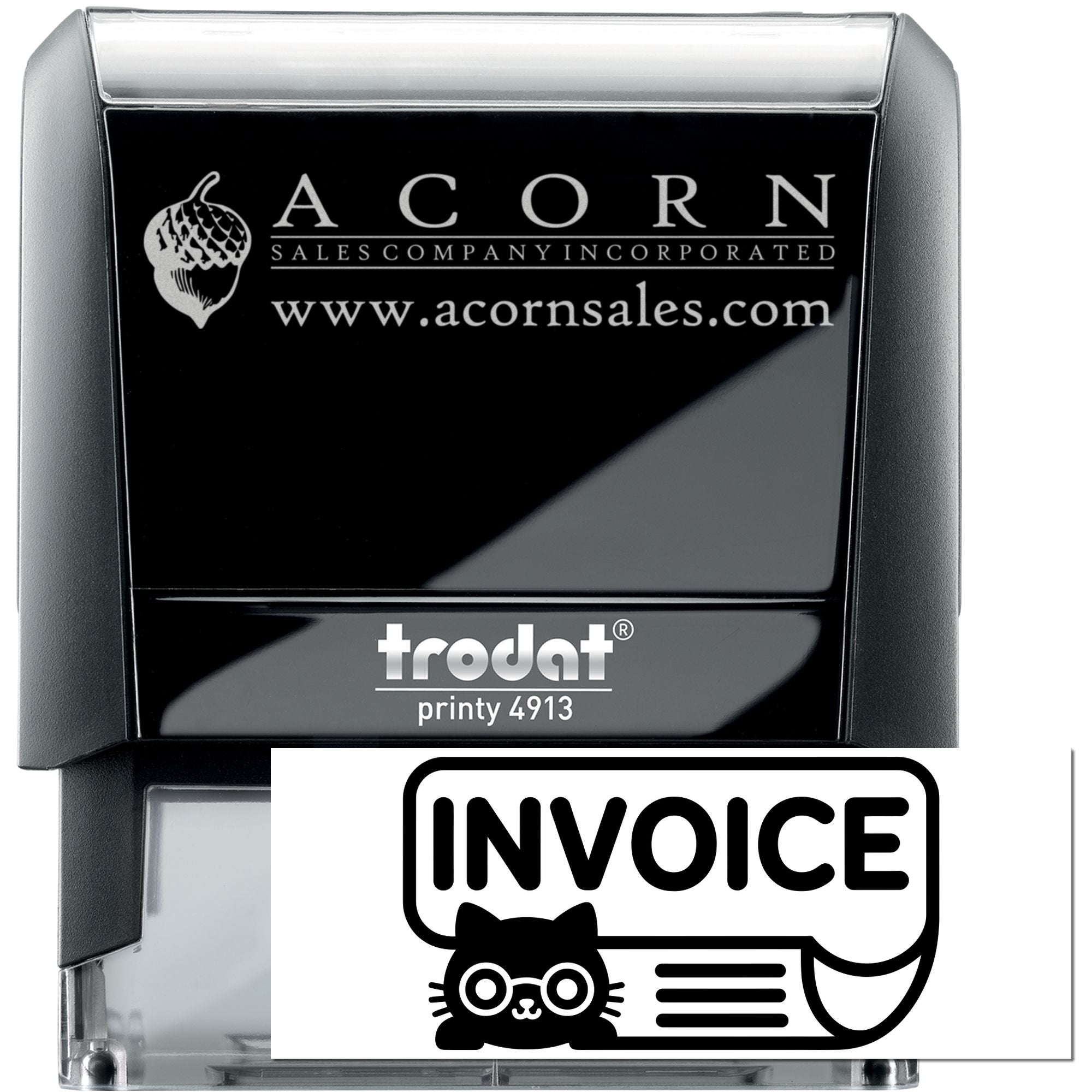 Custom self-inking rubber stamp for invoices with Acorn Sales Company branding and logo