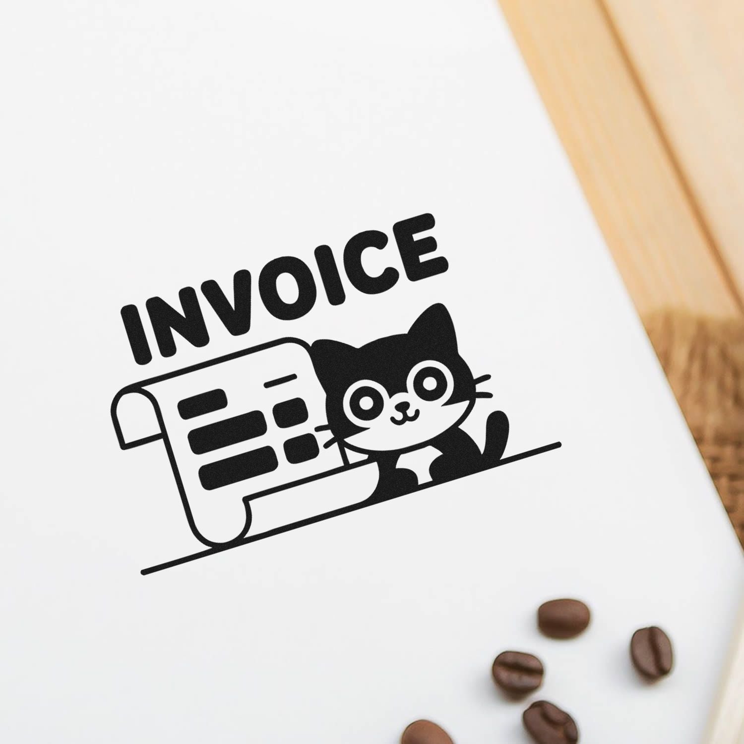 Invoice rubber stamp with cat design on paper, ideal for organizing billing, bookkeeping, and business paperwork.