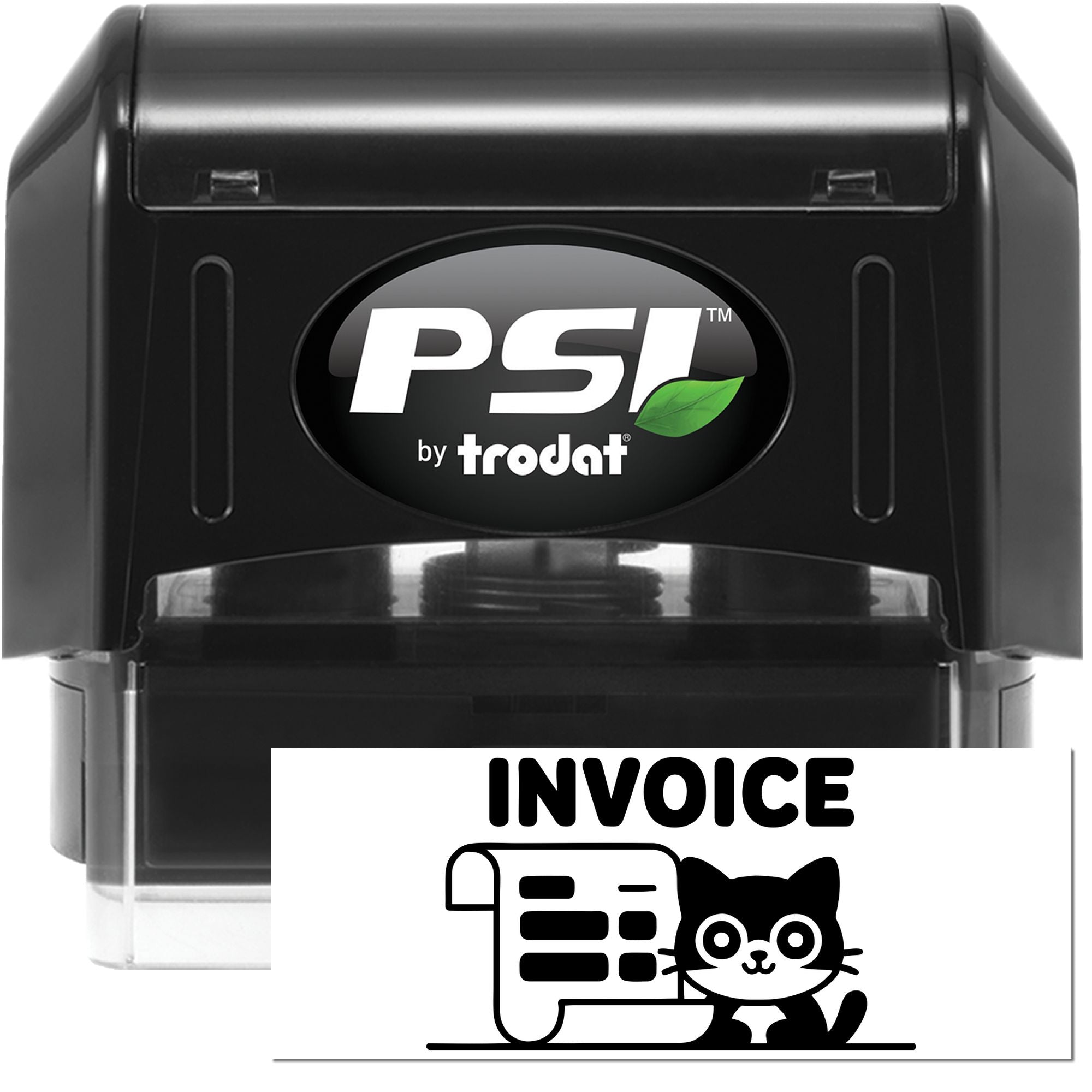 PSI by Trodat self-inking invoice rubber stamp with cat icon, ideal for marking invoices and business paperwork.