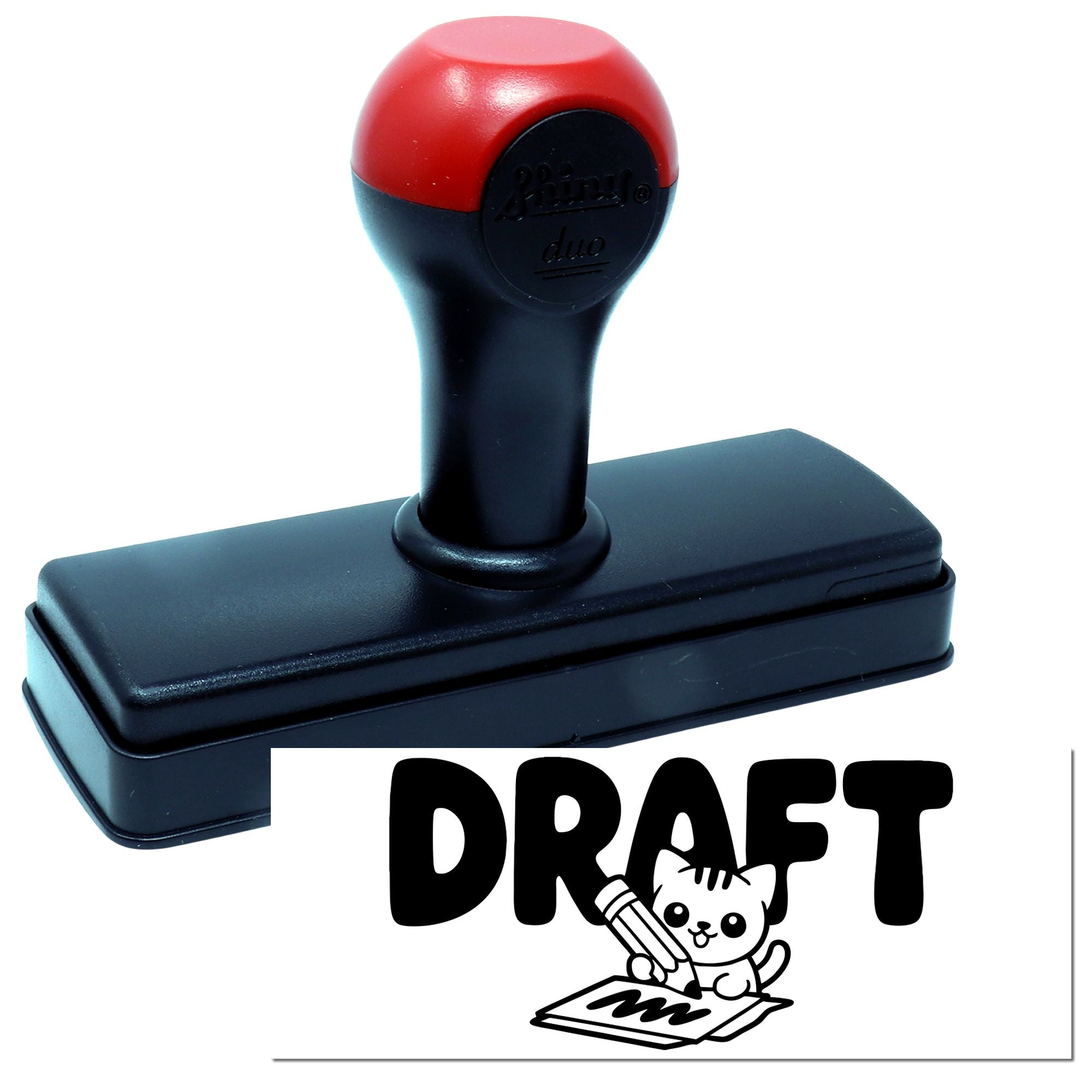 Self-inking rubber stamp with DRAFT imprint and cat pencil design for marking documents.