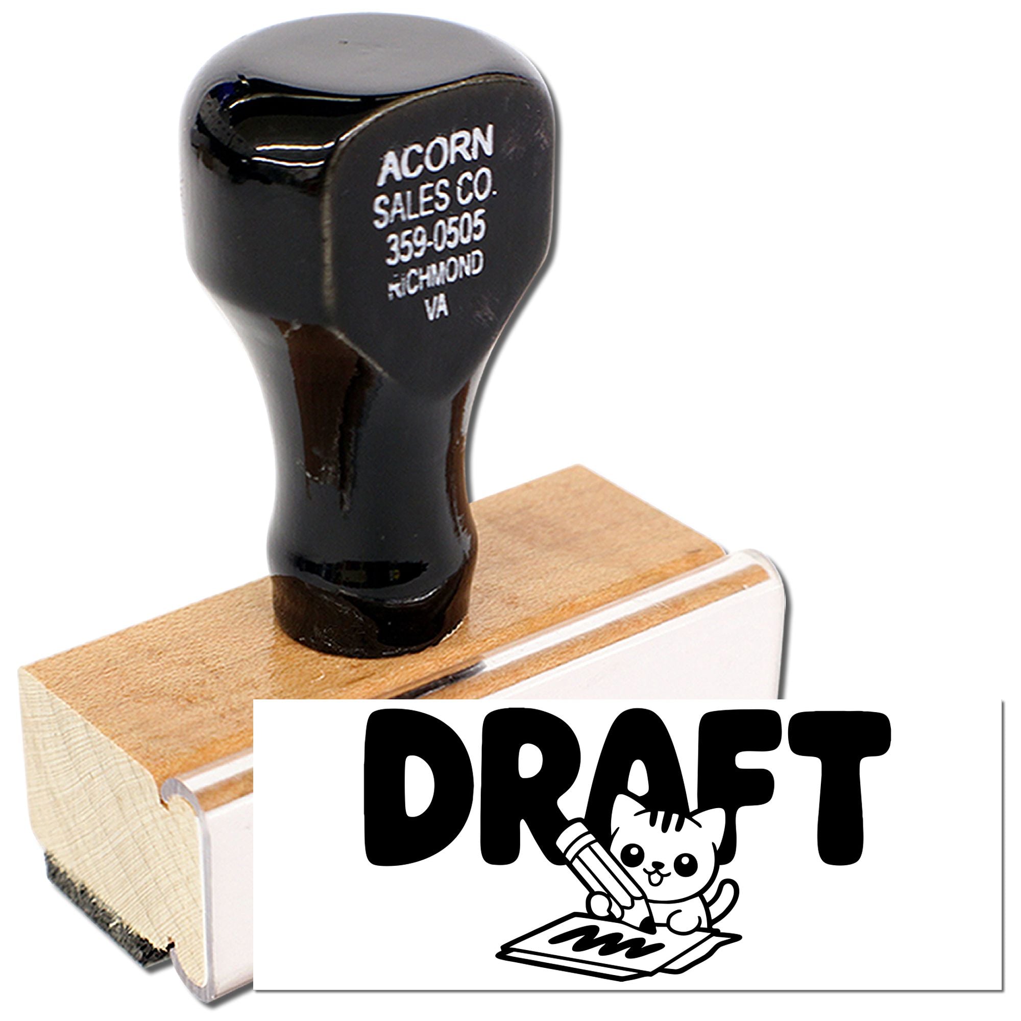 Wood-mounted custom DRAFT rubber stamp with cat-and-pencil design for marking office documents