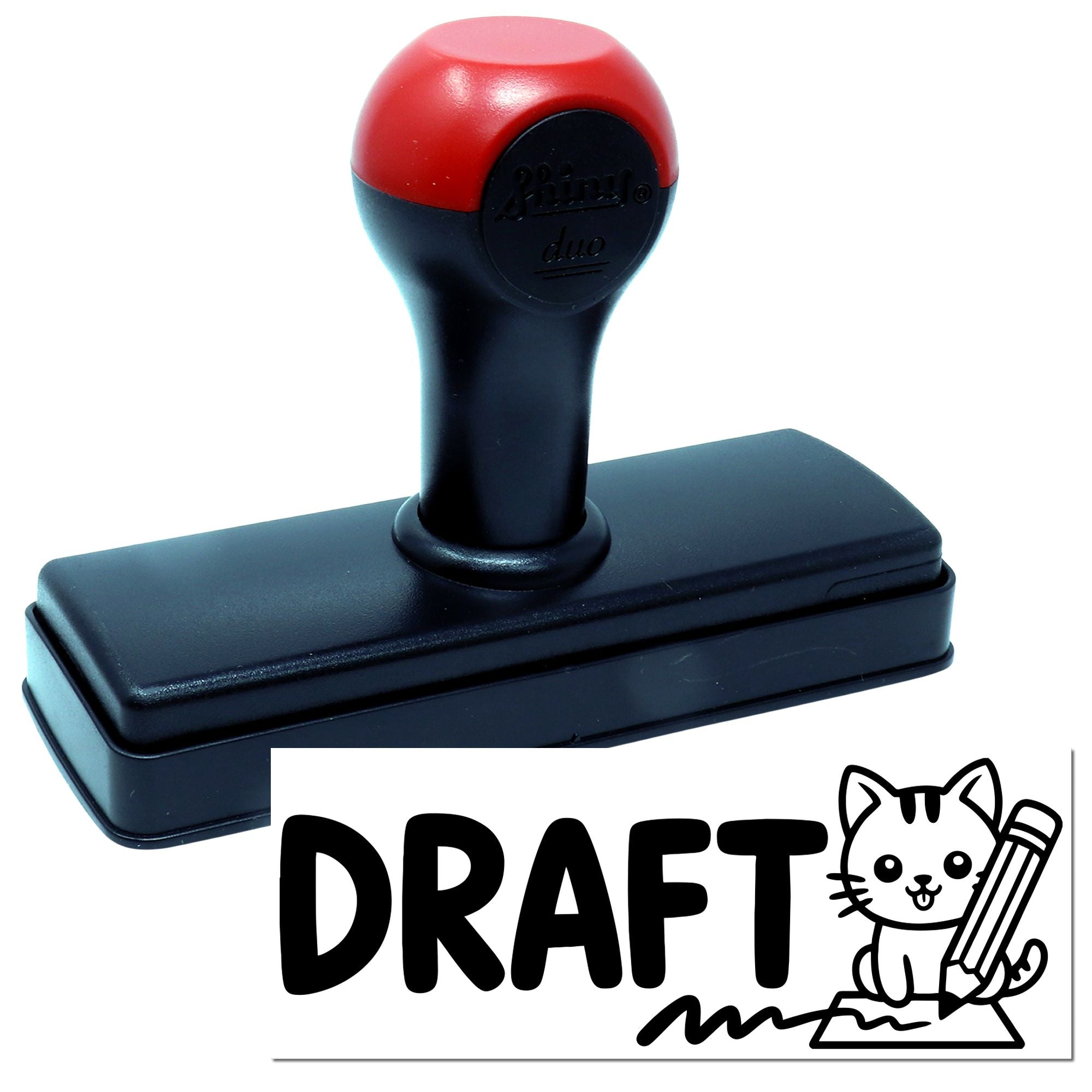 Custom self-inking DRAFT rubber stamp for office document marking, with durable red and black handle.