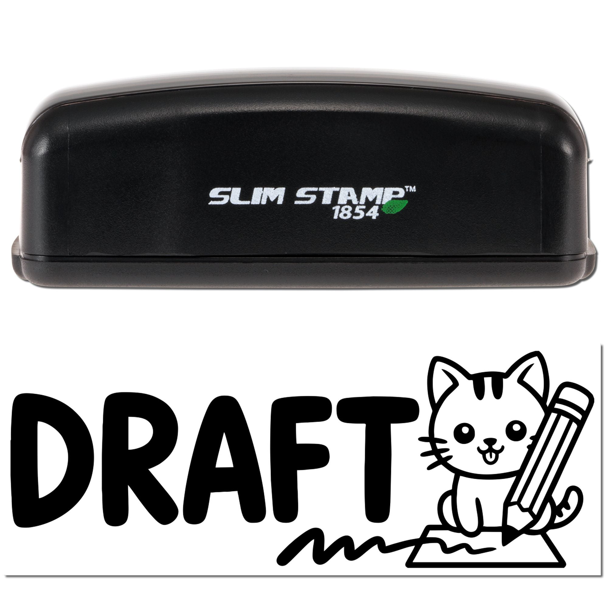 Slim Stamp 1854 rubber stamp with DRAFT cat pencil imprint for marking draft documents.