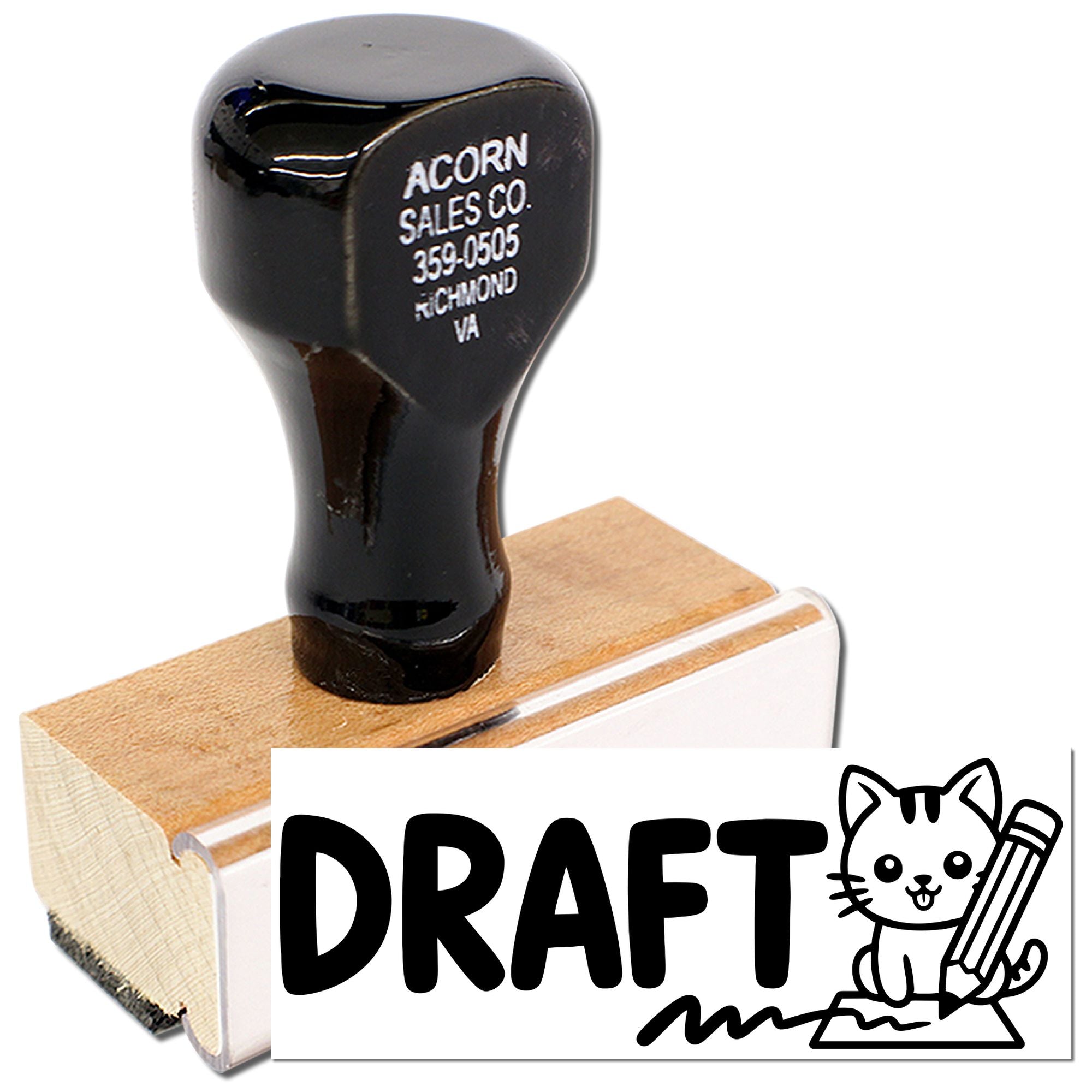 Custom DRAFT rubber stamp with cat and pencil artwork for office documents.