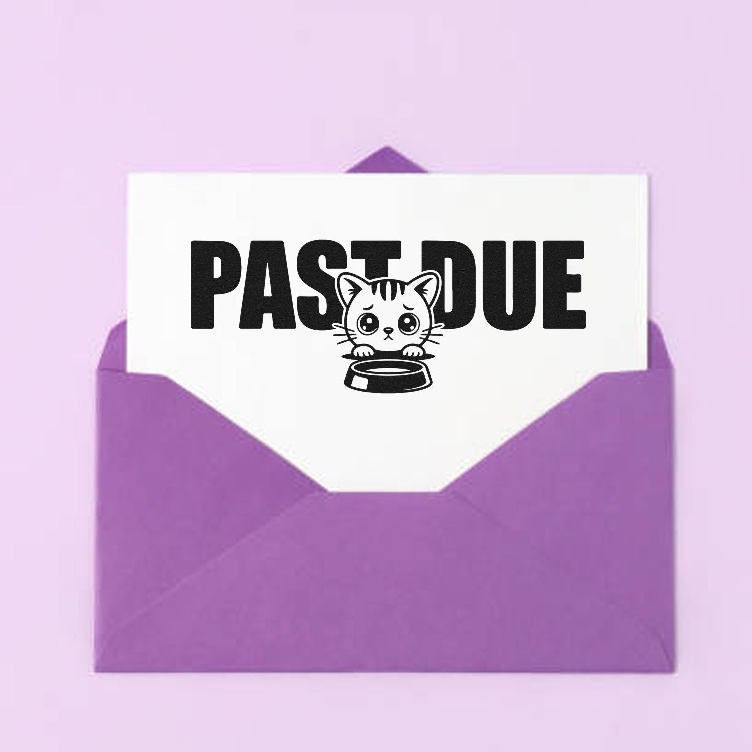 Past Due cat rubber stamp design for overdue payment reminders on envelopes.