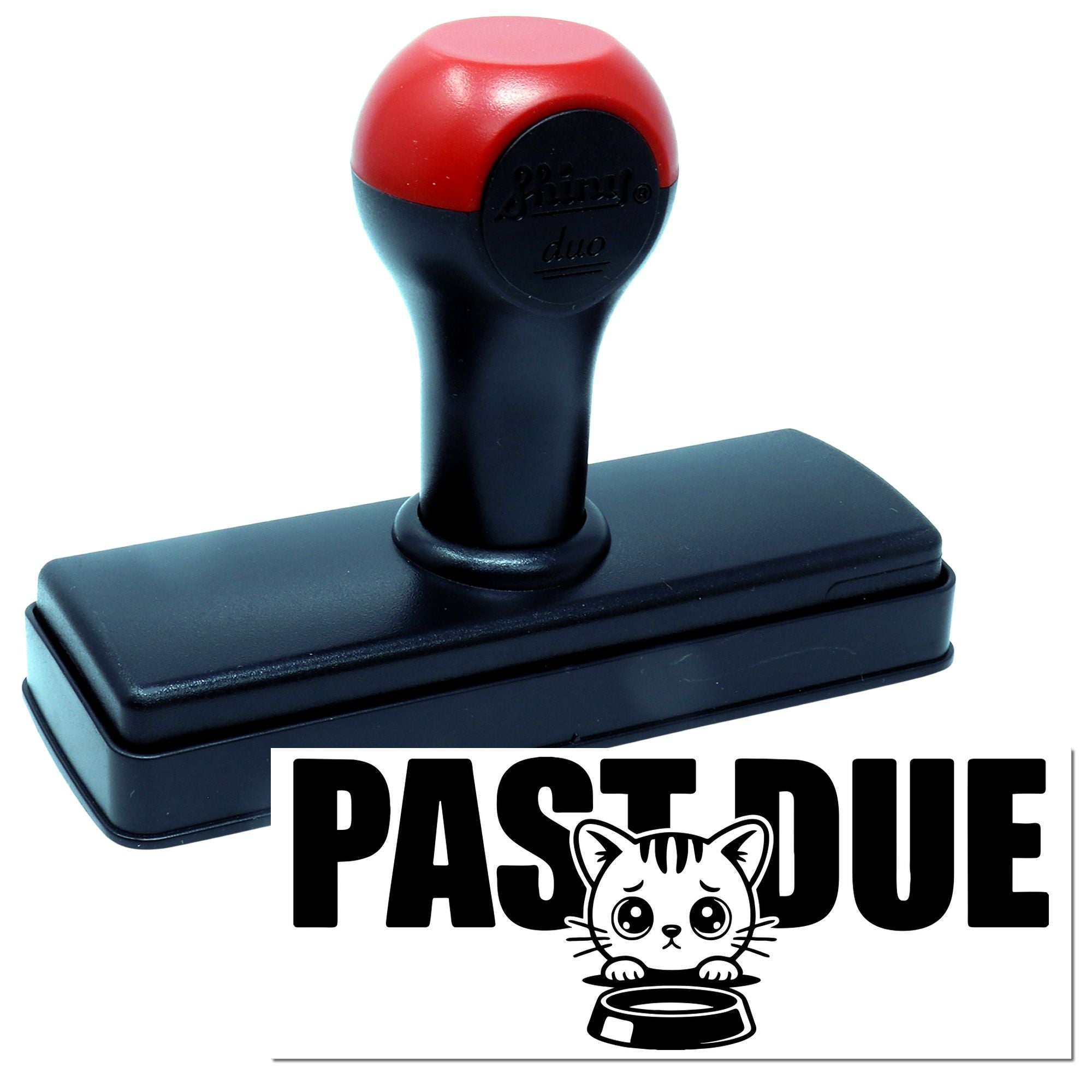 Self-inking Past Due rubber stamp with cat graphic for overdue payment reminders