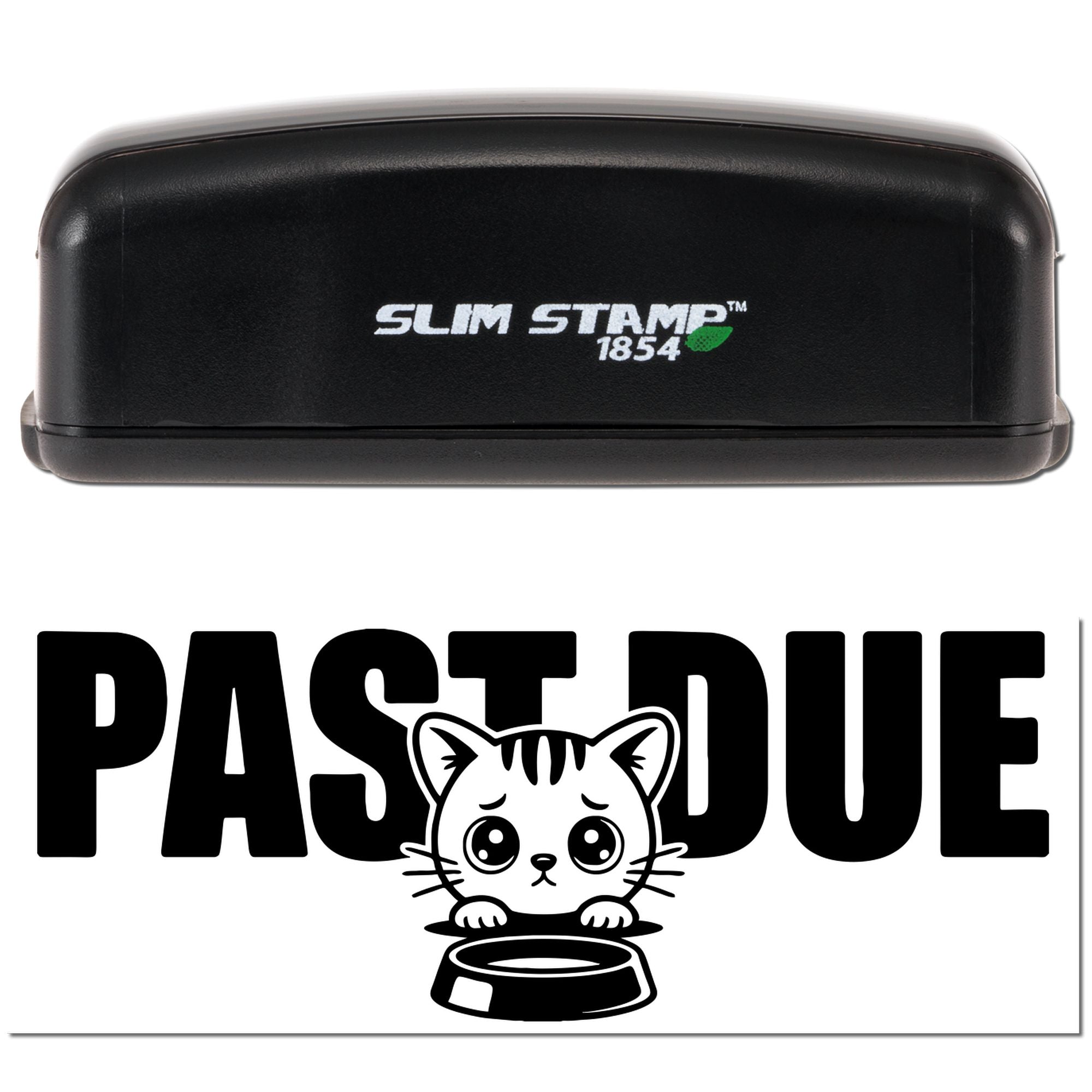 Slim Stamp 1854 self-inking rubber stamp with PAST DUE cat design for overdue bills and office notices.