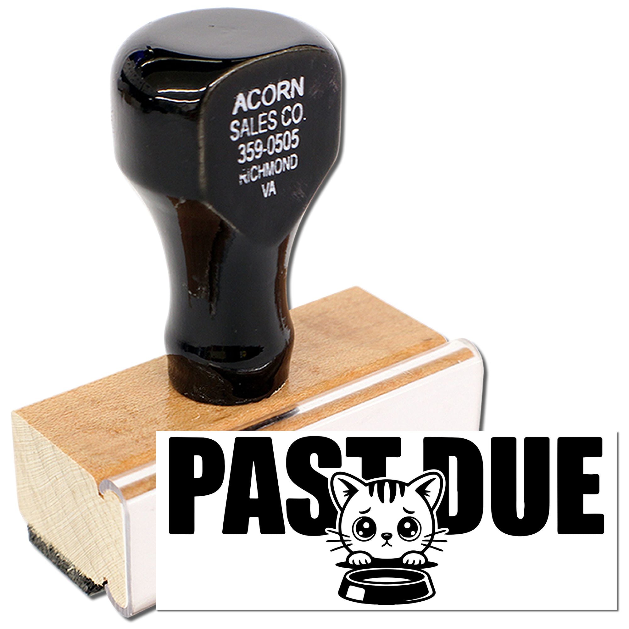 Custom business rubber stamp with PAST DUE cat design for billing reminders, featuring a wooden handle and Acorn Sales Co. branding.