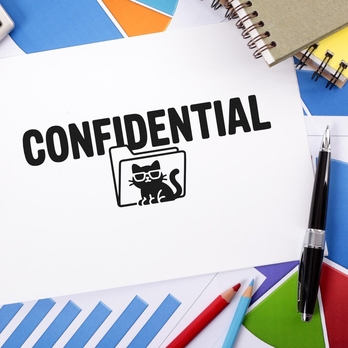 Confidential rubber stamp on office paperwork with cat logo, ideal for marking sensitive documents and records.